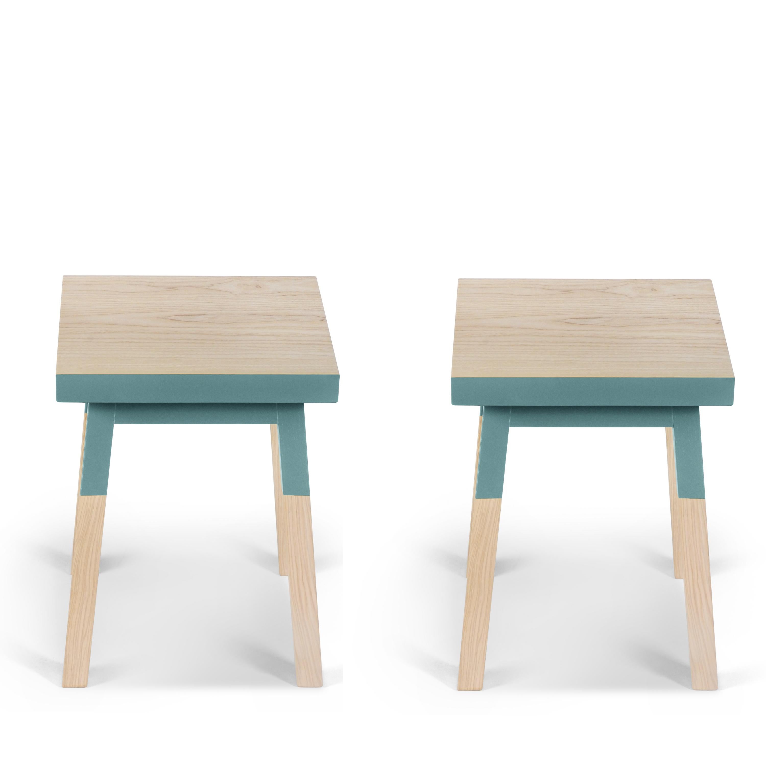 French handcrafted square stools in solid wood by Eric Gizard Paris, pack of 2 In New Condition For Sale In Landivy, FR