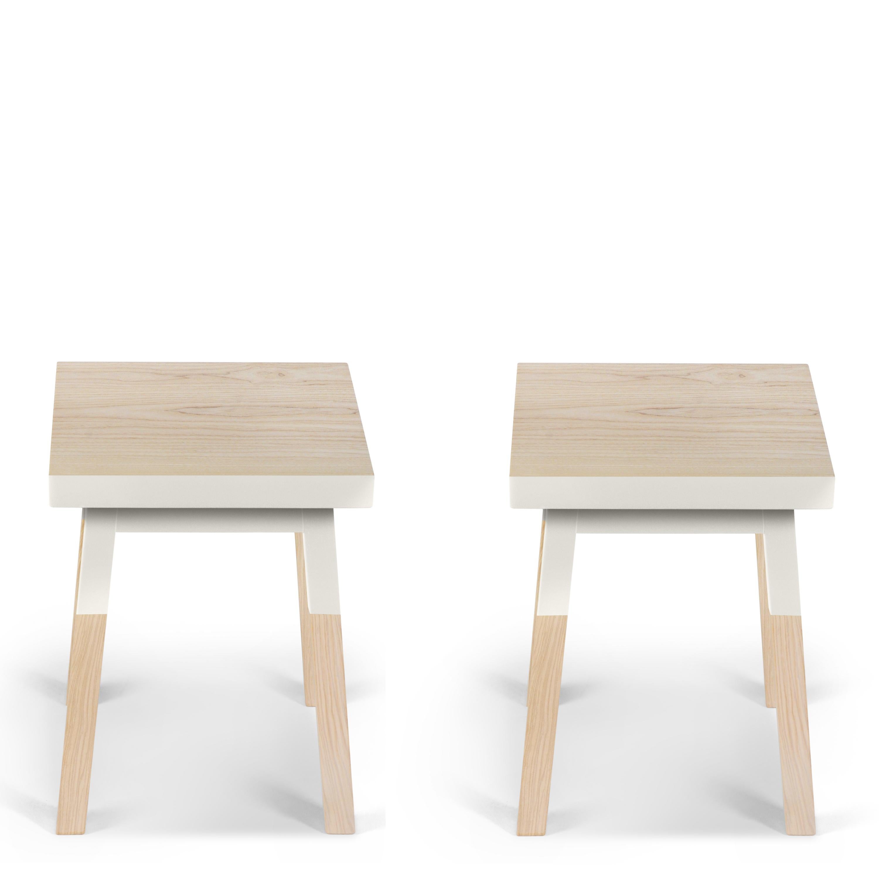 Wood French handcrafted square stools in solid wood by Eric Gizard Paris, pack of 2 For Sale