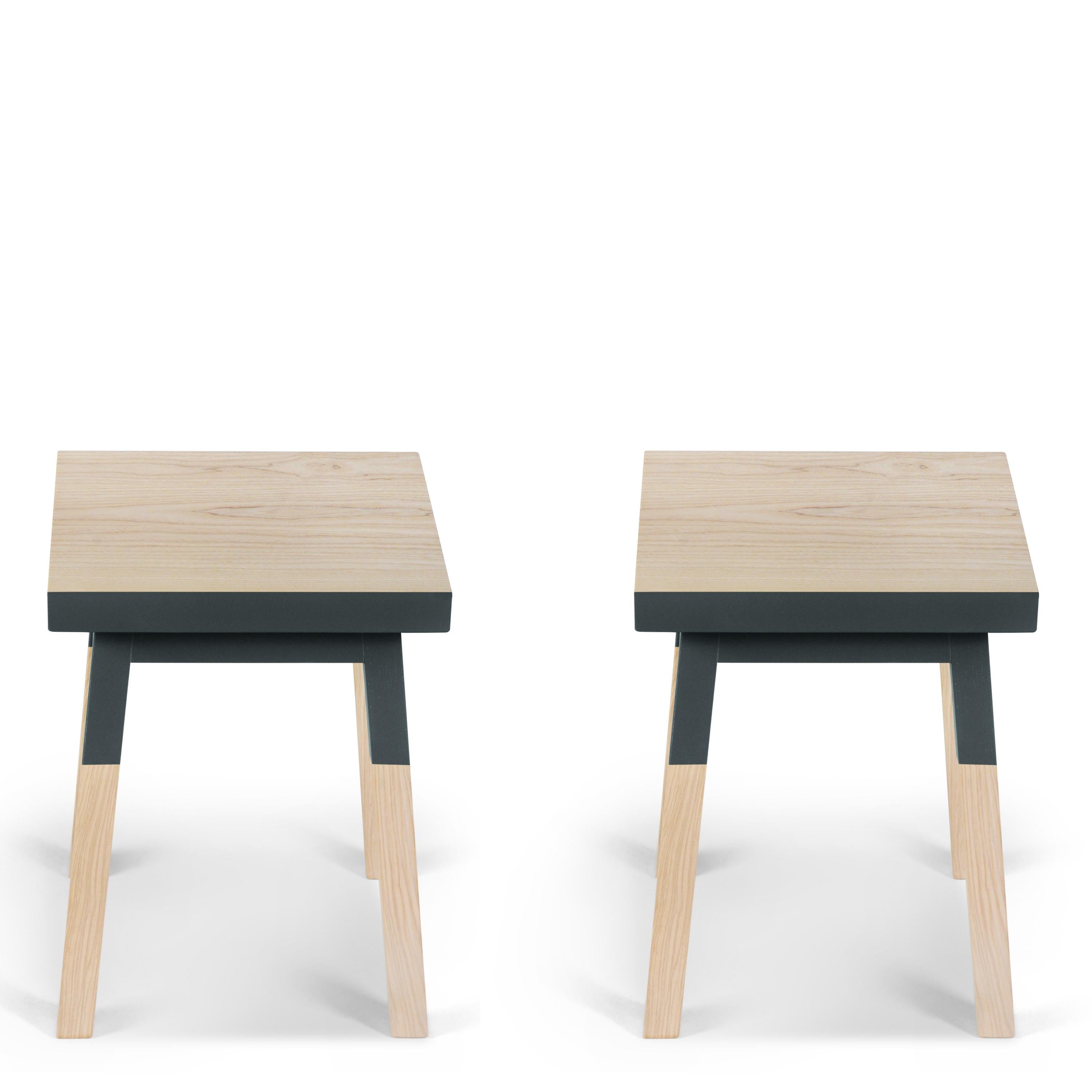 French handcrafted square stools in solid wood by Eric Gizard Paris, pack of 2 For Sale 1