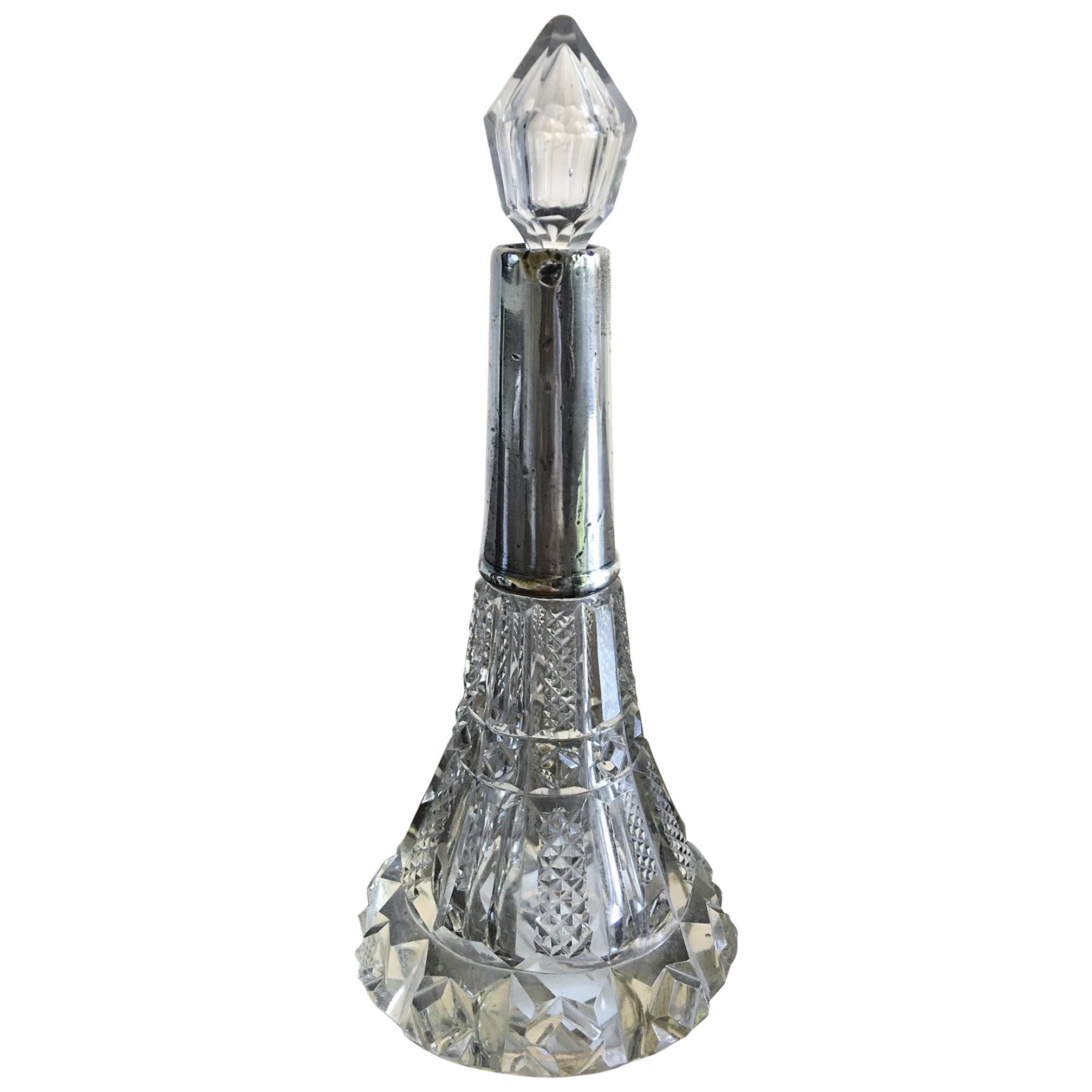 French Handcut Crystal Perfume Bottle with a Sterling Silver Top, 20th Century