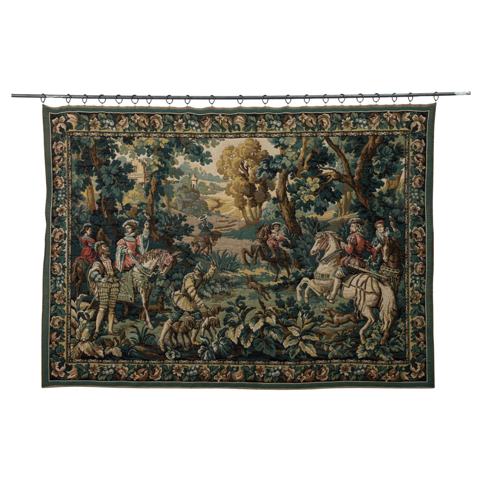 French Handmade Gobelin Needle-Embroidered Tapestry, Hunting In The Forest For Sale