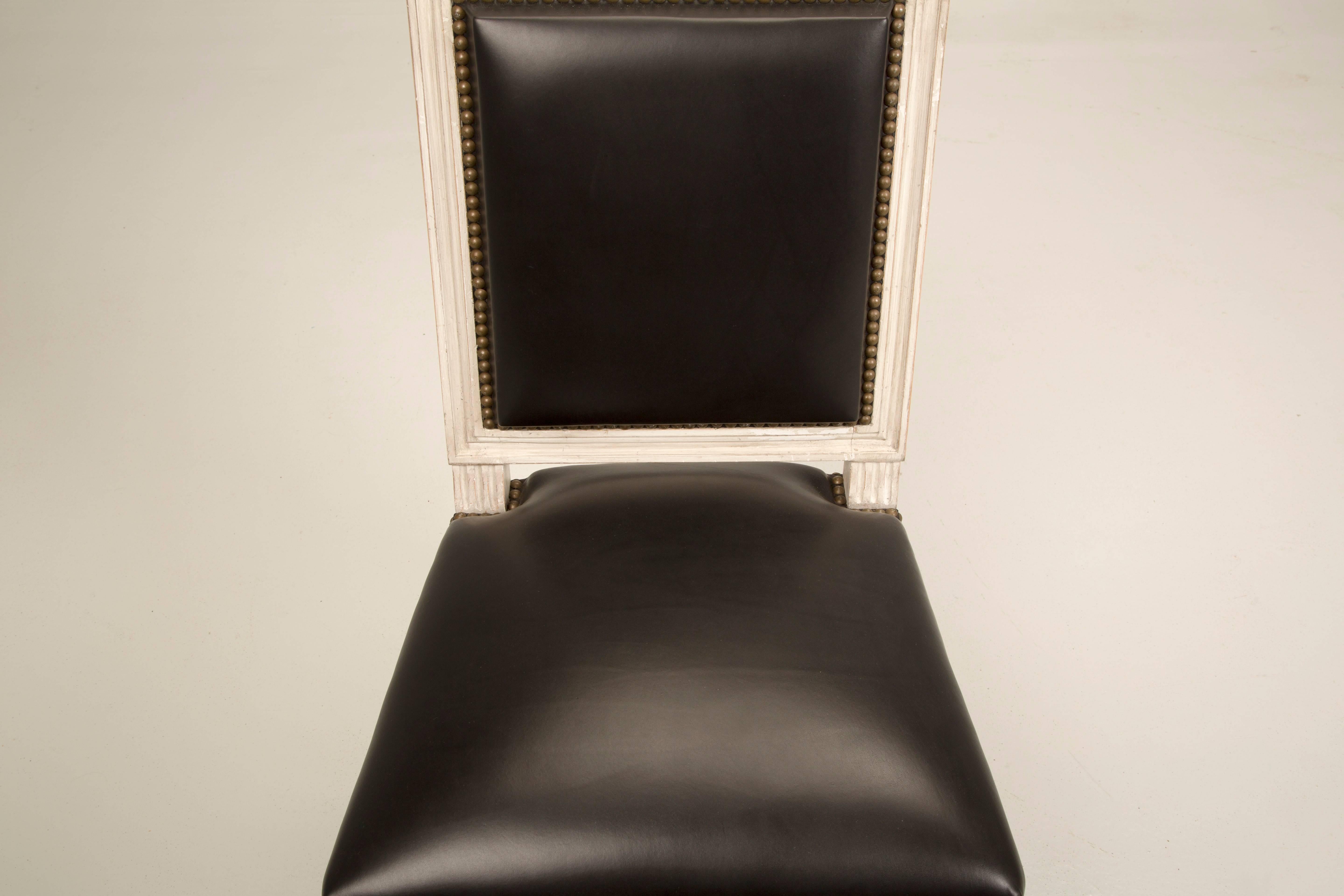 French Handmade Louis XVI Style Armchairs in Black Leather Side Chairs Available For Sale 6