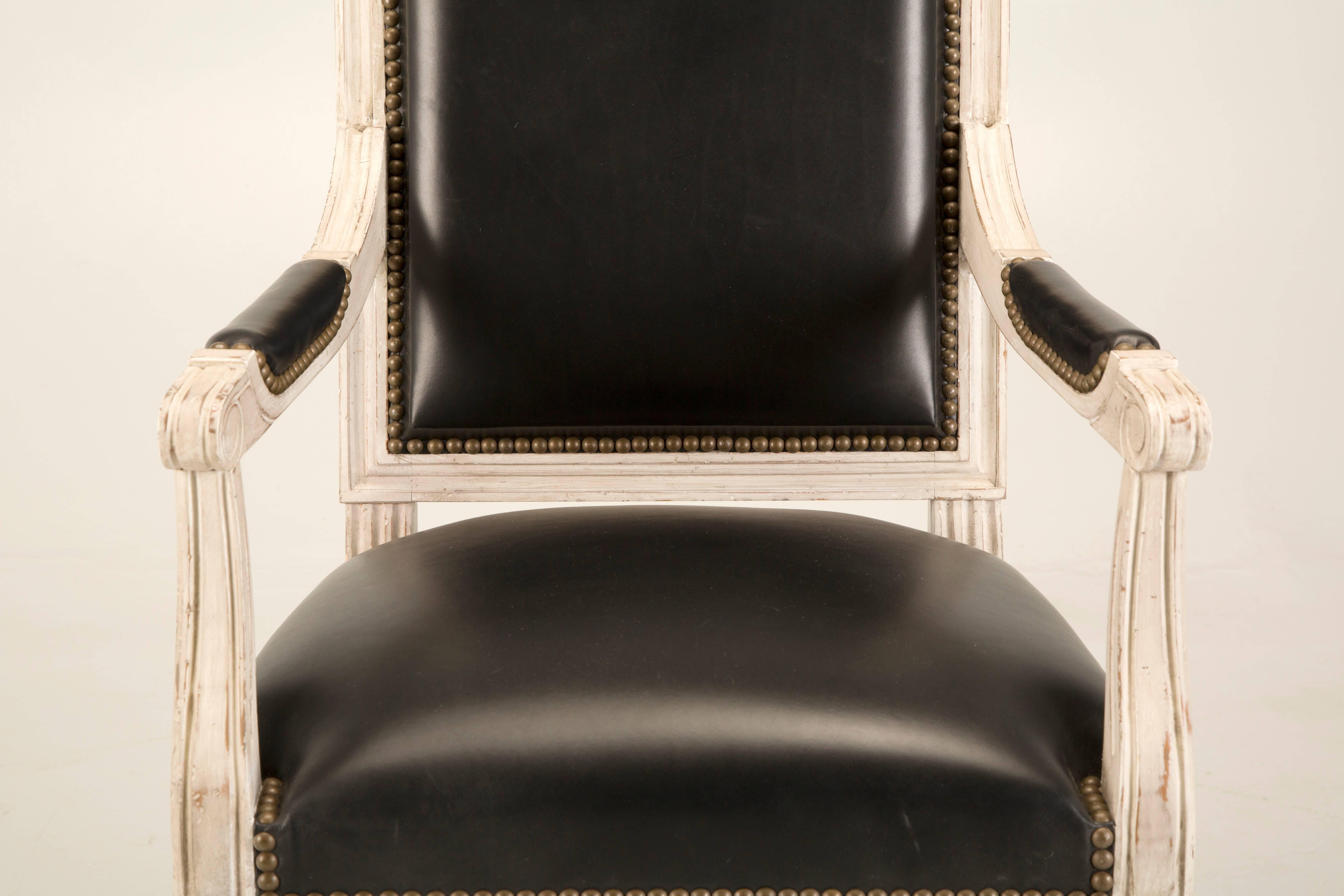 Beech French Handmade Louis XVI Style Armchairs in Black Leather Side Chairs Available For Sale