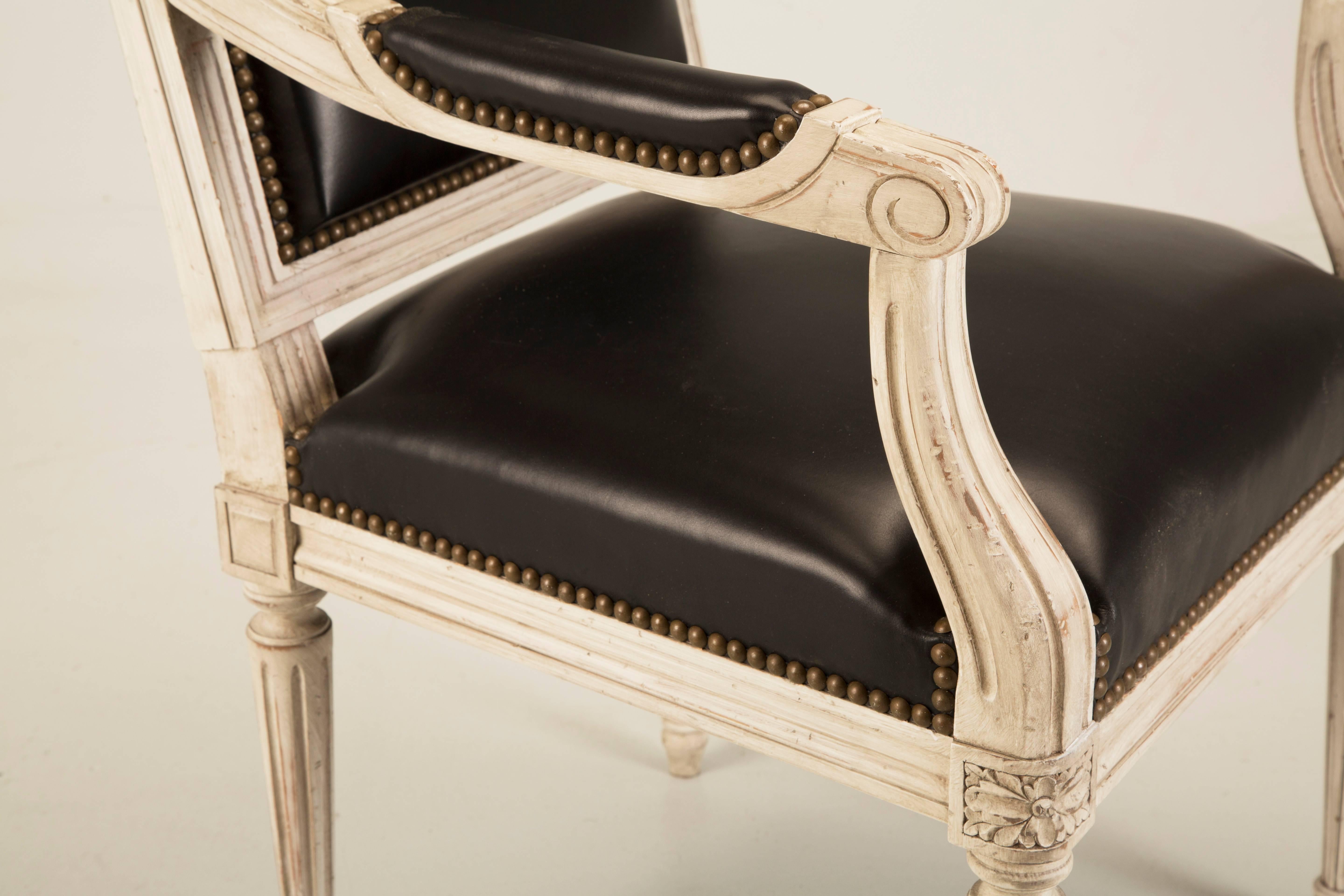 French Handmade Louis XVI Style Armchairs in Black Leather Side Chairs Available For Sale 1