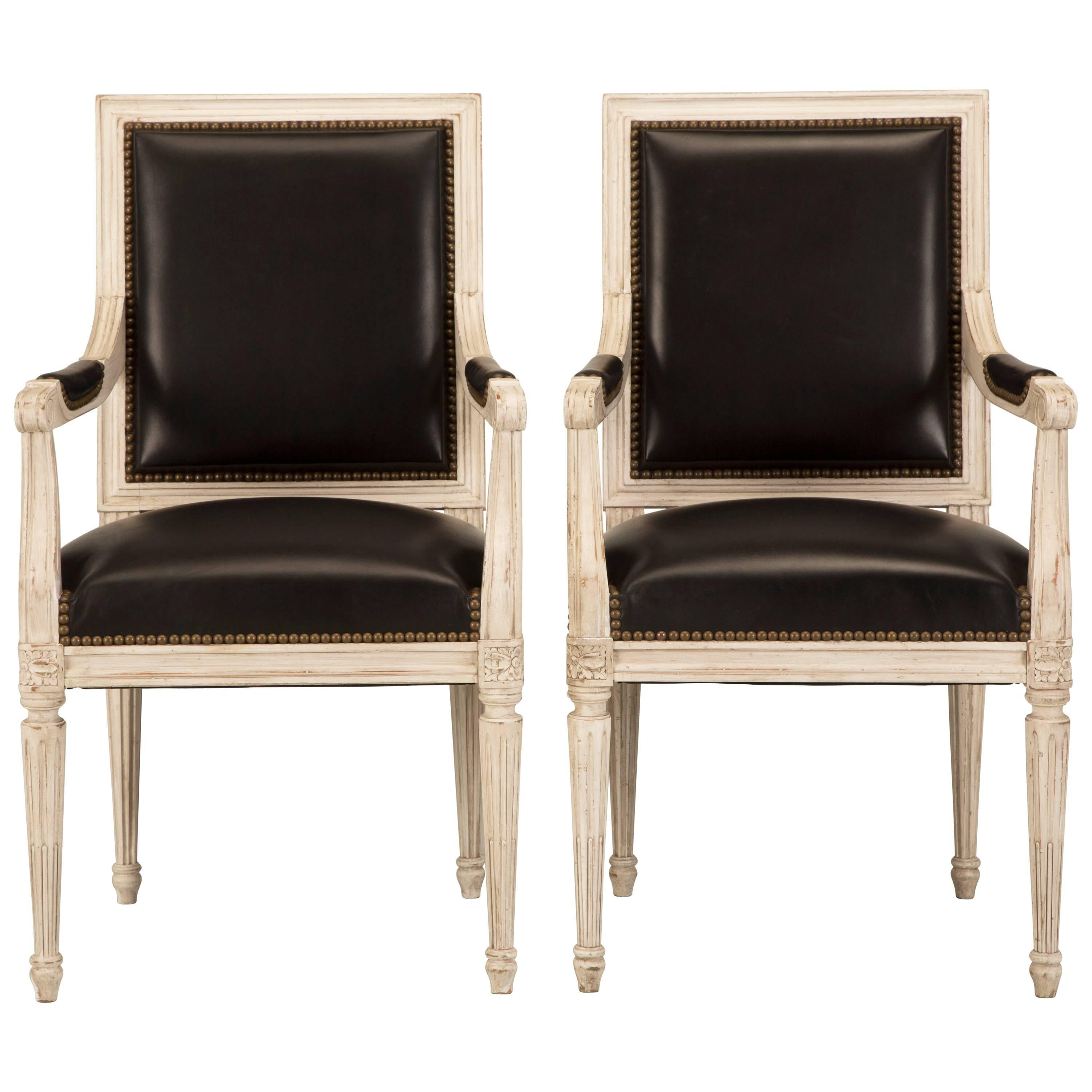 French Handmade Louis XVI Style Armchairs in Black Leather Side Chairs Available For Sale
