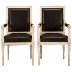 French Handmade Louis XVI Style Armchairs in Black Leather Side Chairs Available