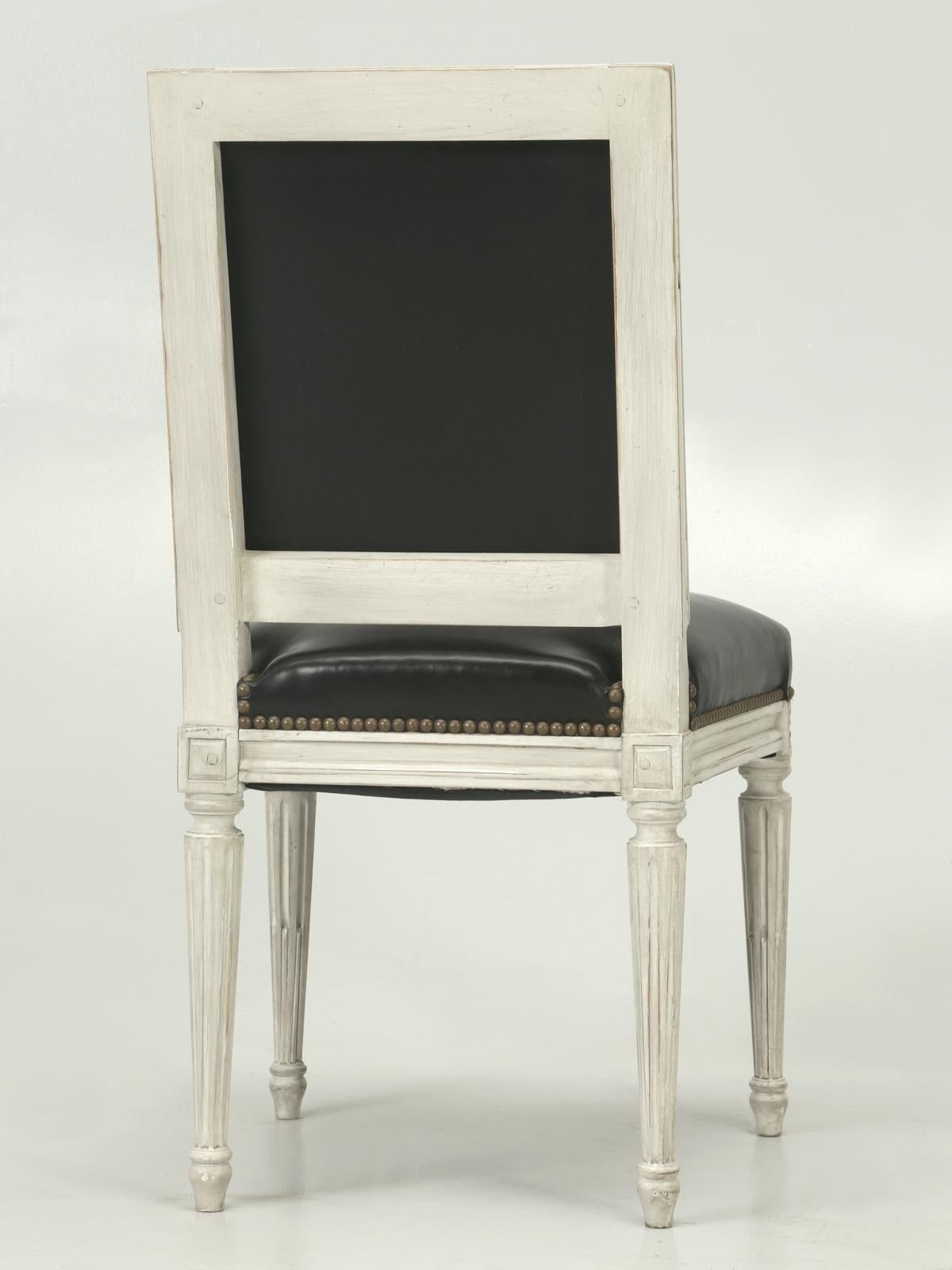 French Handmade, Louis XVI Style Chairs, Aged White/Gray Paint & Black Leather For Sale 3