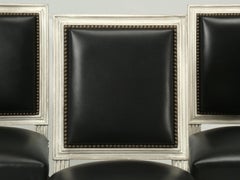 French Handmade, Louis XVI Style (12) Chairs Aged White Paint Black Leather