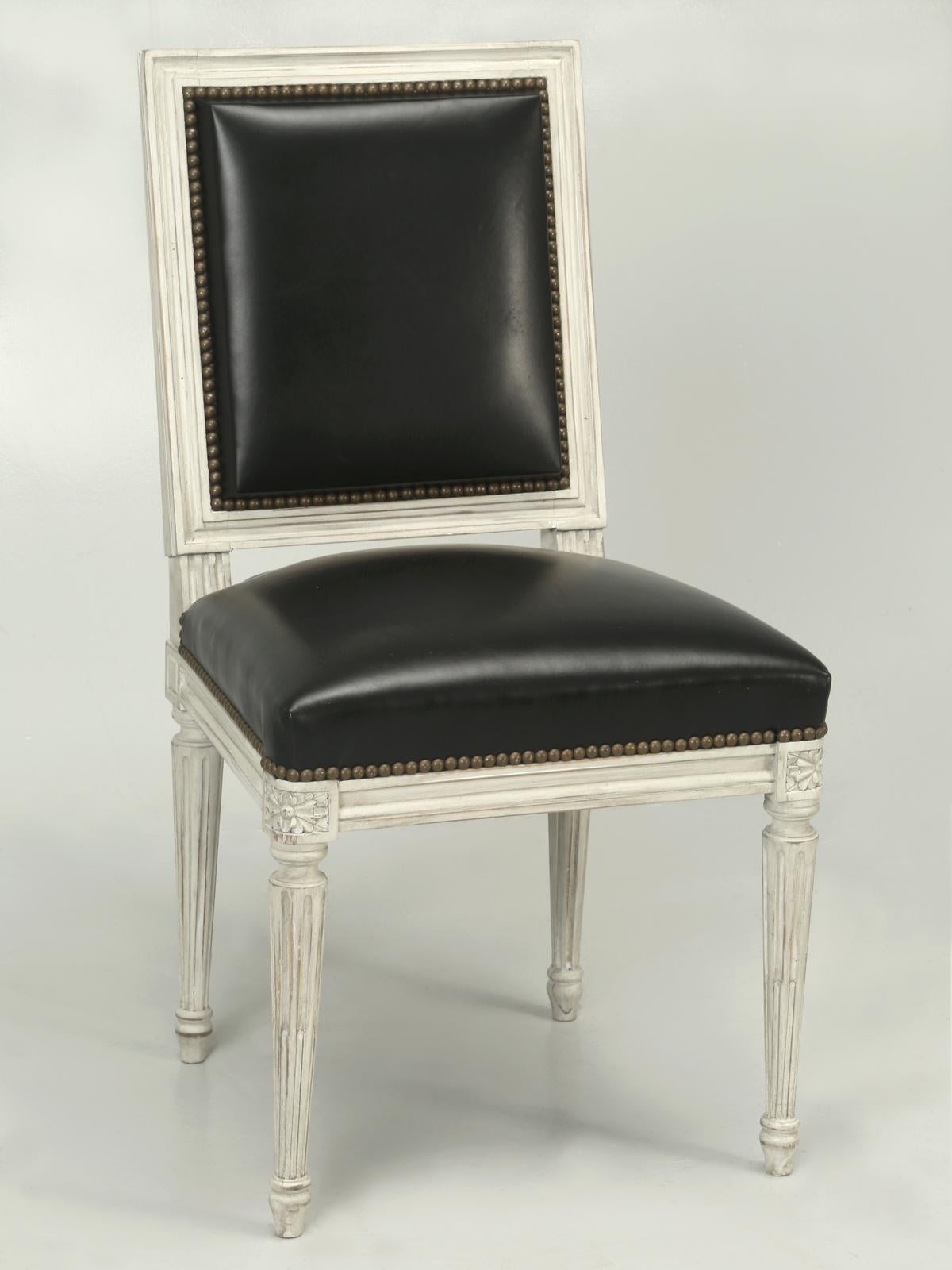 French Handmade, Louis XVI Style Chairs, Aged White/Gray Paint & Black Leather For Sale 1