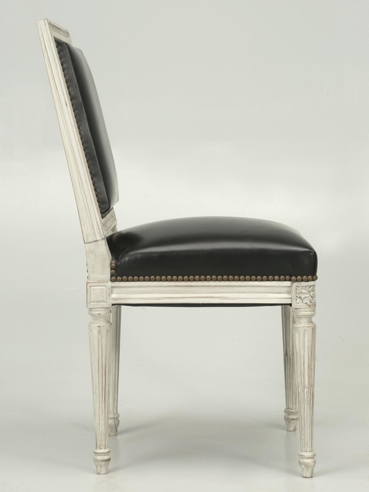 French Handmade, Louis XVI Style Chairs, Aged White/Gray Paint & Black Leather For Sale 2