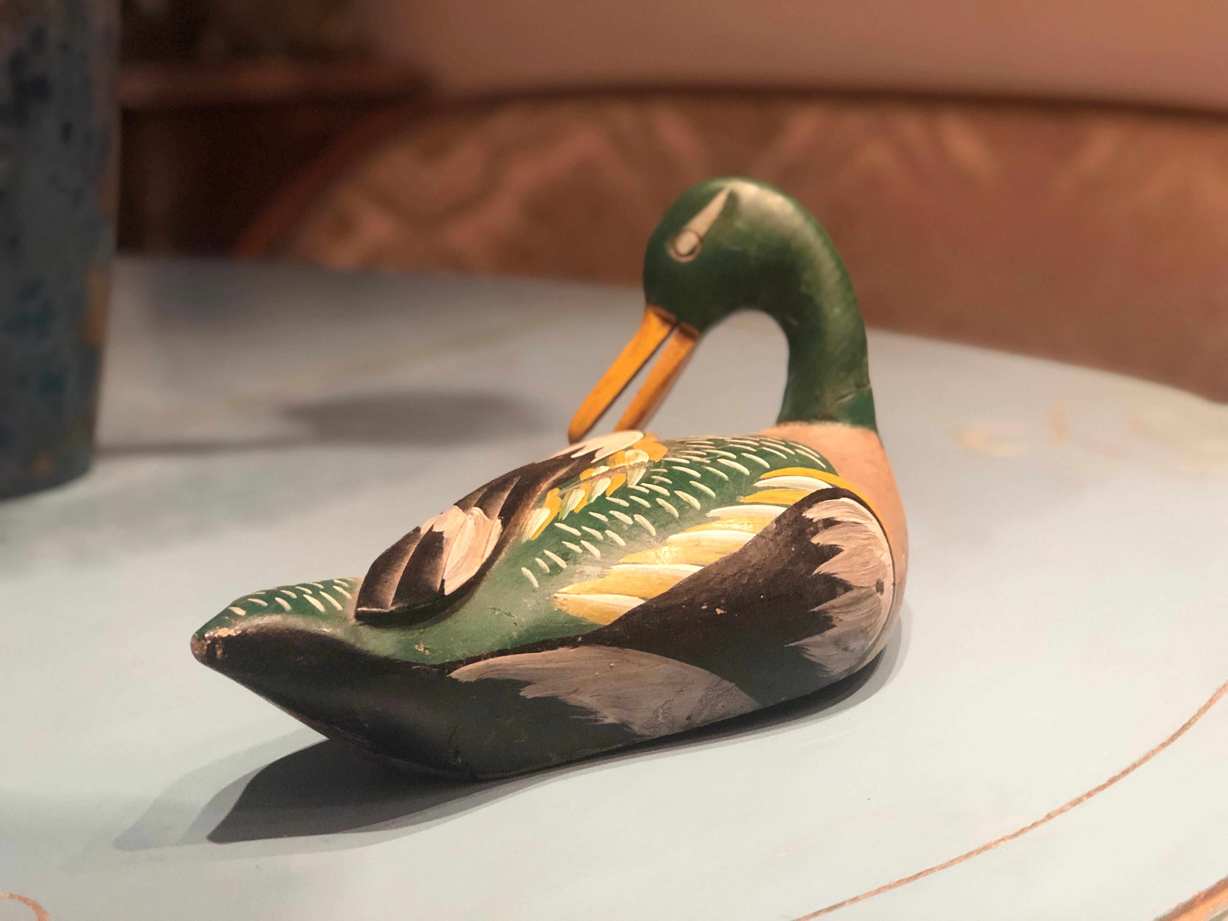 Hand-Painted French Handmade Painted Sculpture of a Duck