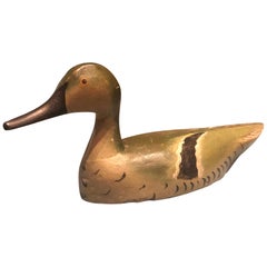 French Handmade Painted Wooden Sculpture of a Duck in Green Color