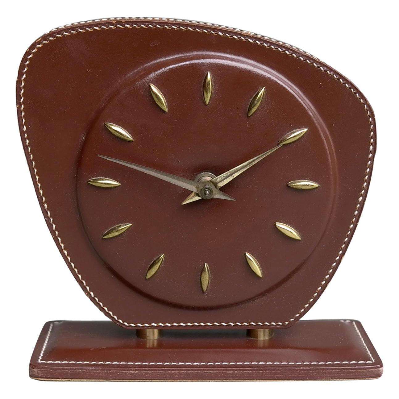 French Handstitched Brown Leather Clock, Jacques Adnet Attributed, 1950s