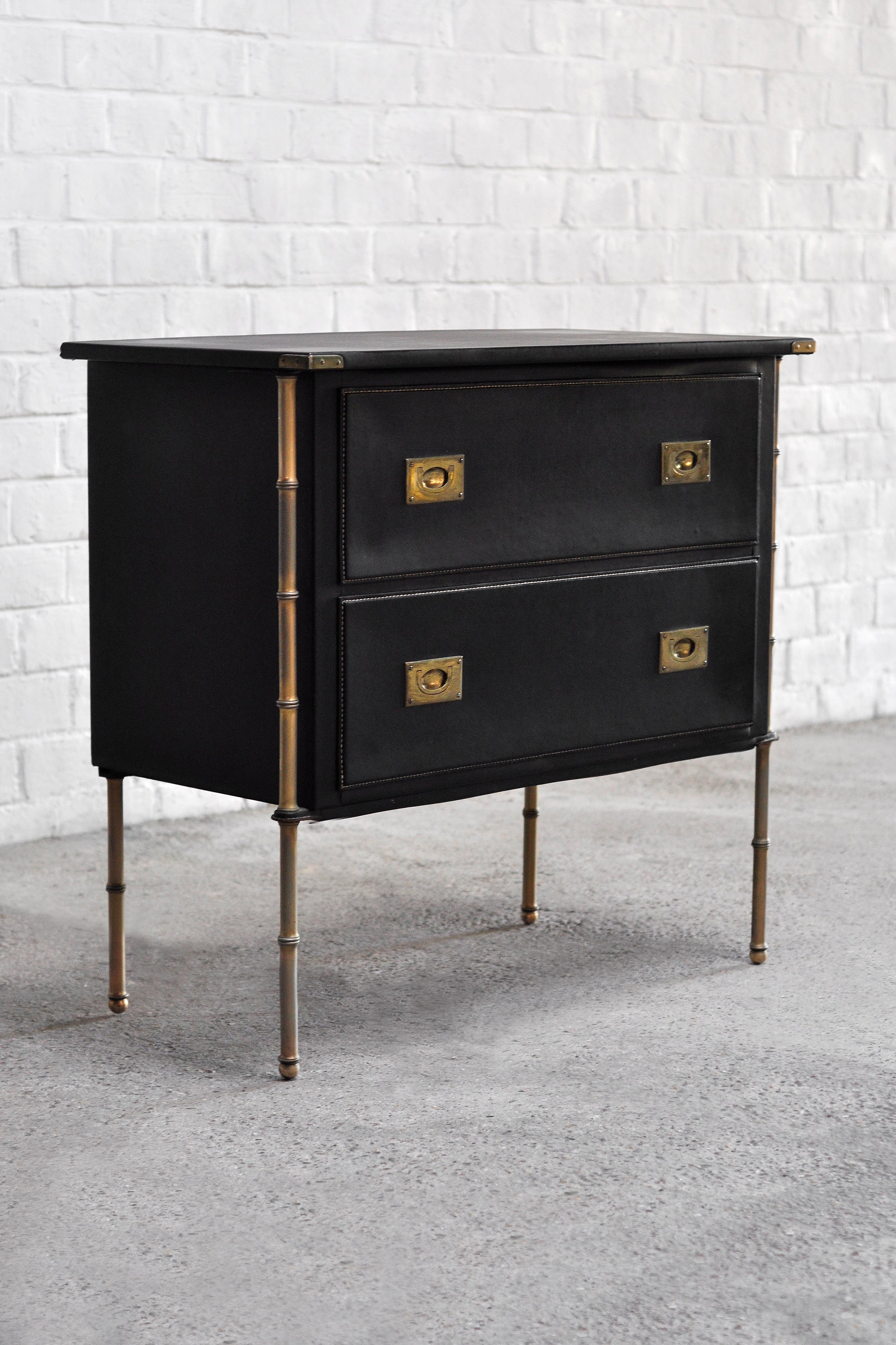 Mid-Century Modern French Handstitched Leather and Brass Faux Bamboo Commode by Jacques Adnet