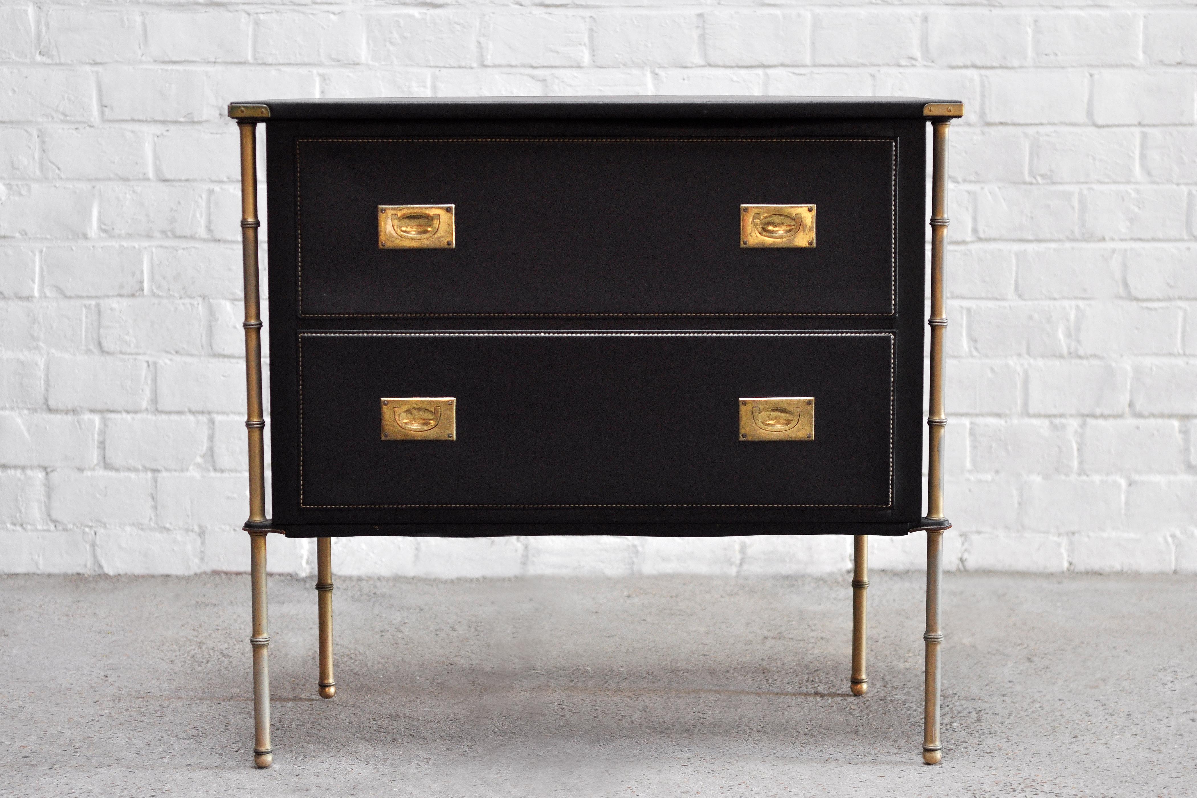 French Handstitched Leather and Brass Faux Bamboo Commode by Jacques Adnet In Good Condition In Zwijndrecht, Antwerp