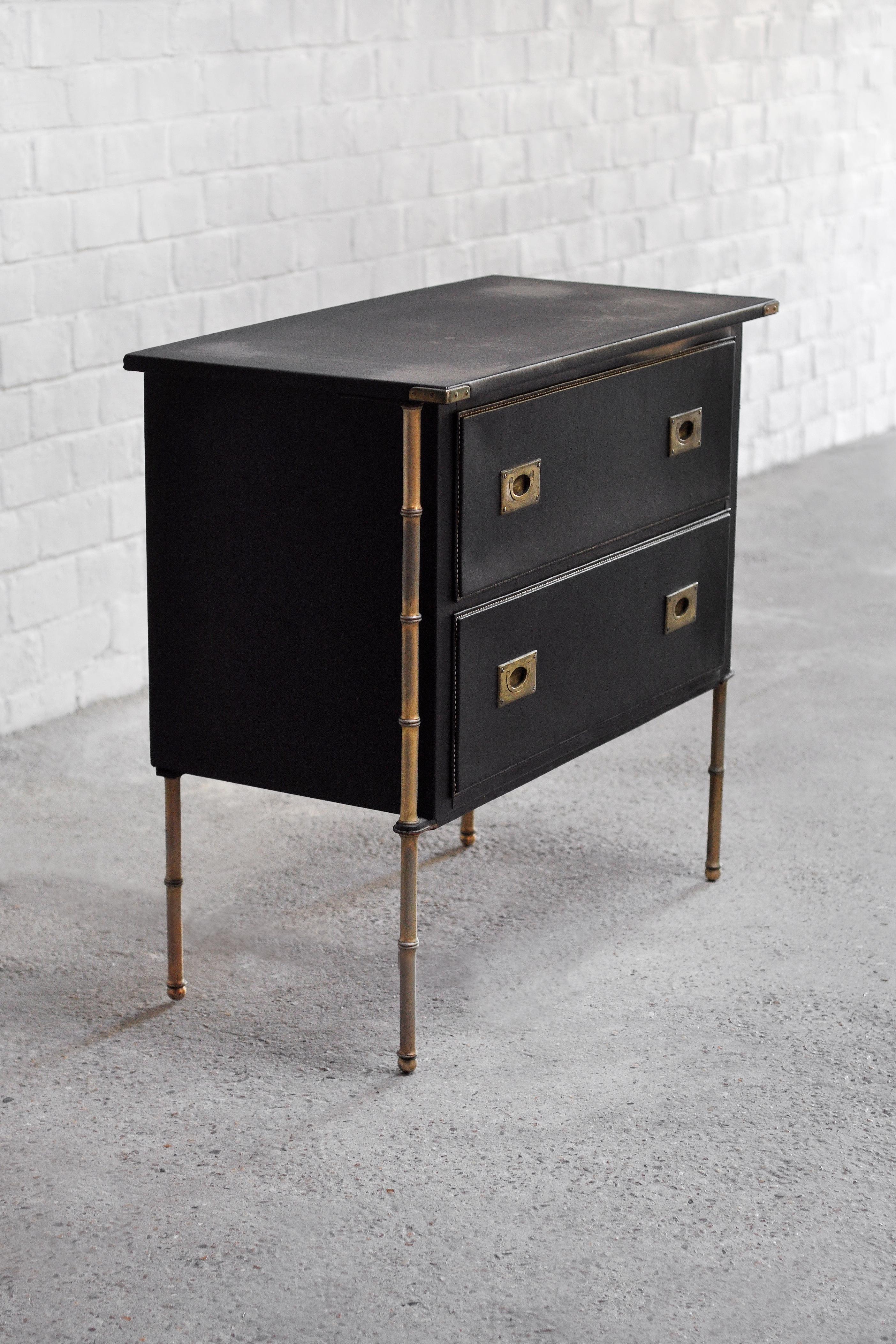 French Handstitched Leather and Brass Faux Bamboo Commode by Jacques Adnet 1