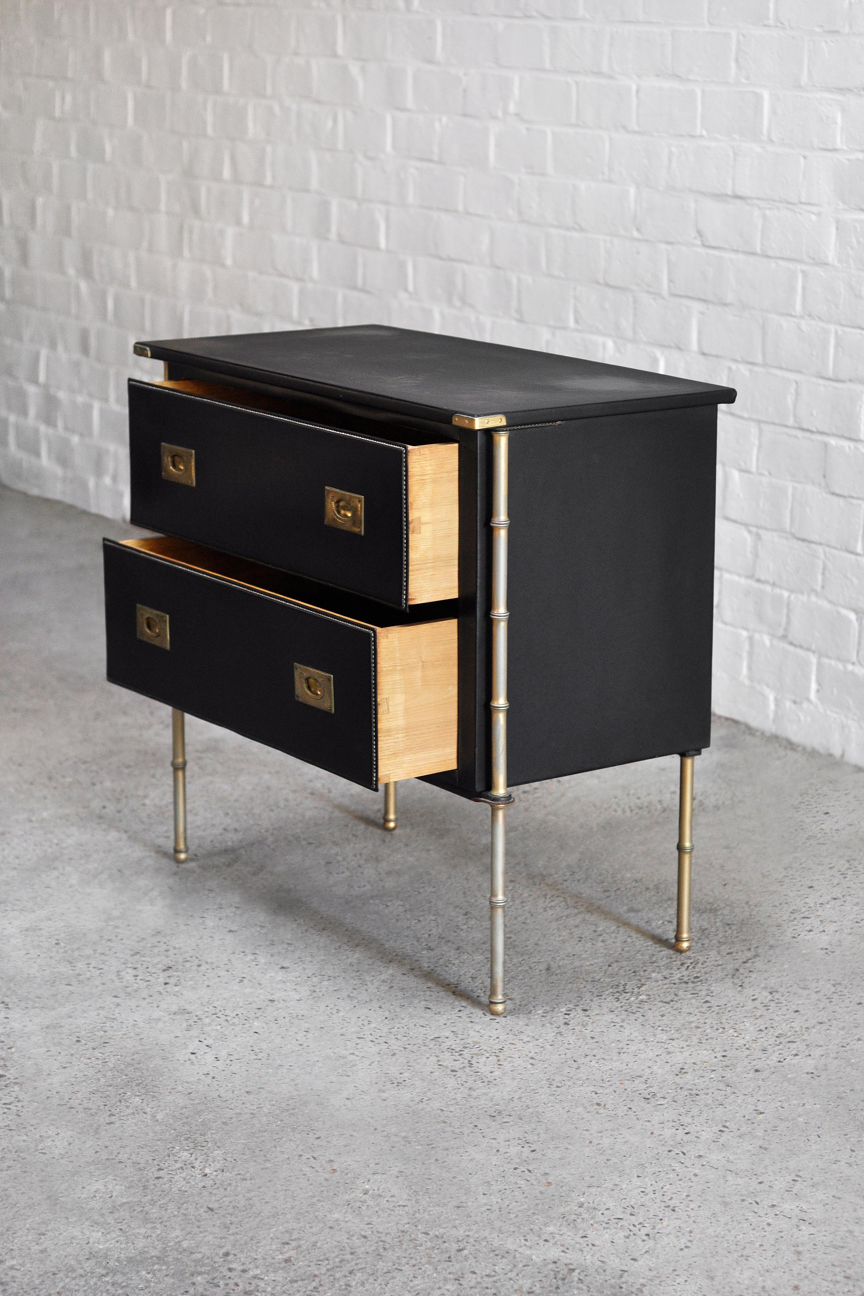 French Handstitched Leather and Brass Faux Bamboo Commode by Jacques Adnet 2