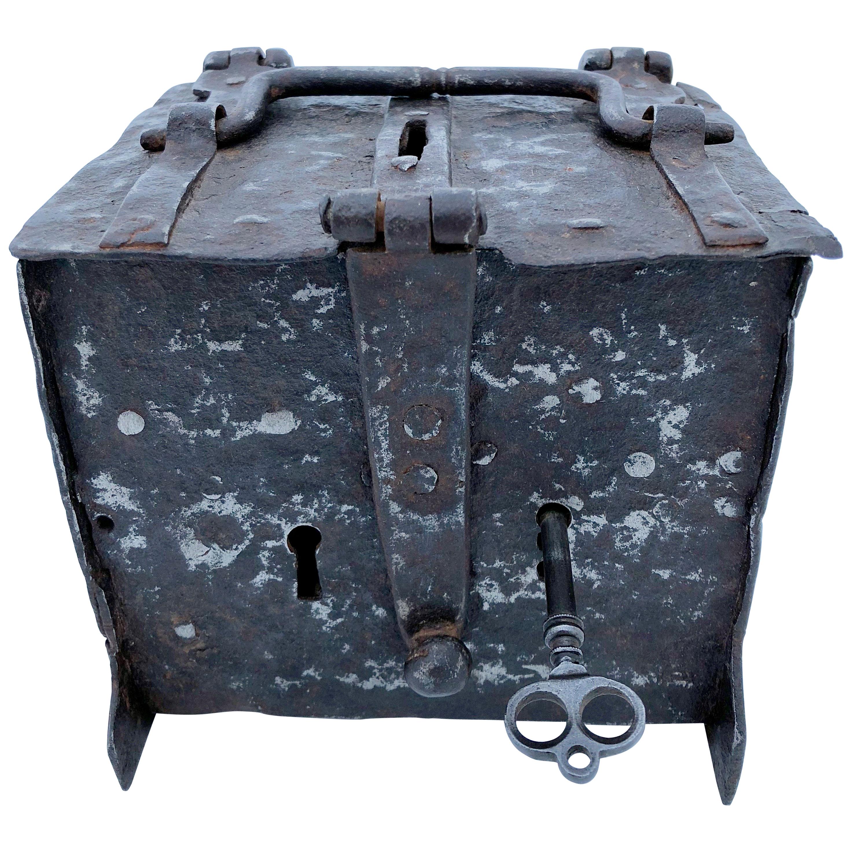 French Handwrought Locking Offering Box with 2 Keyholes and 1 Key, 16th Century