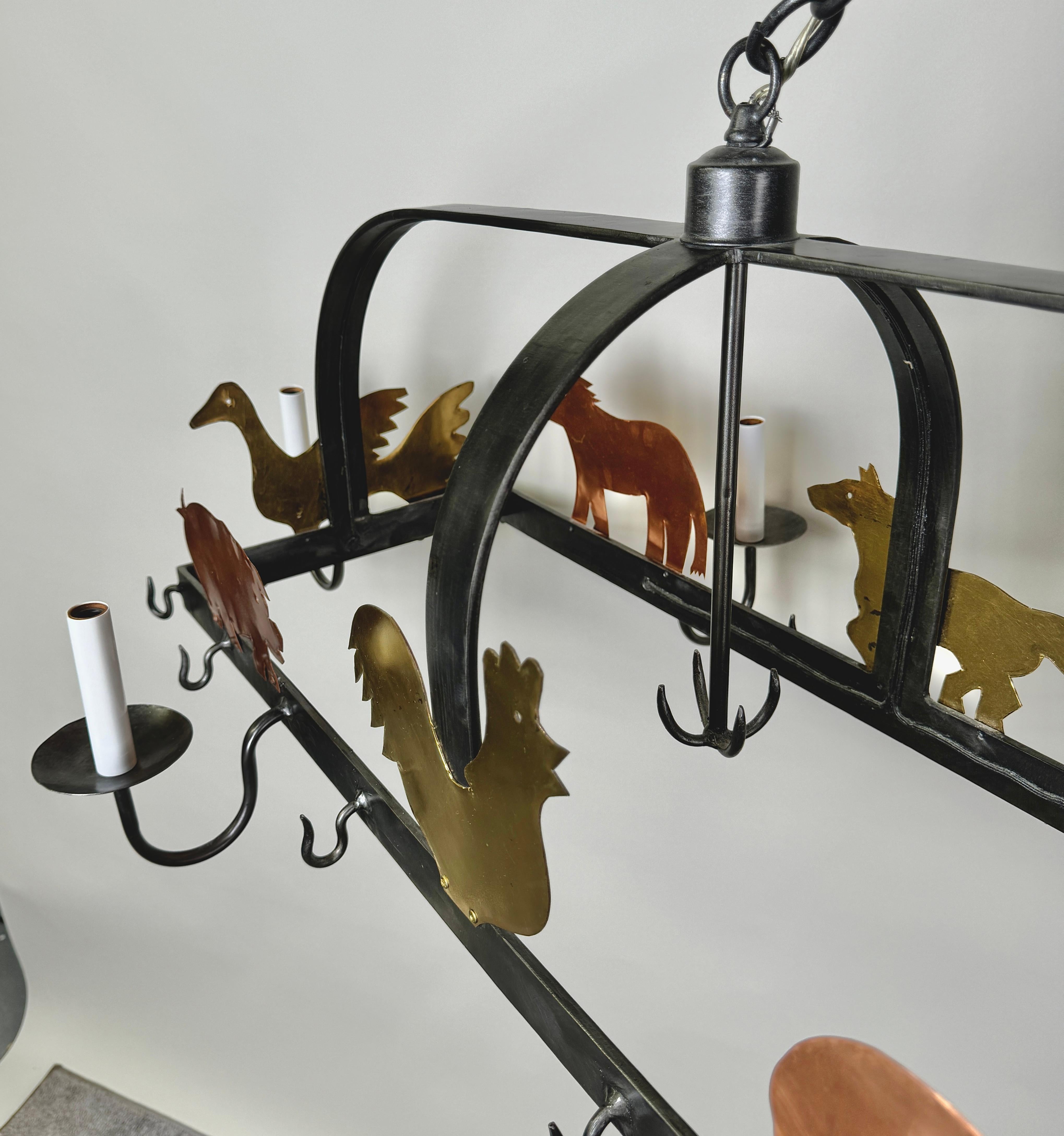 French Hanging Iron Pot & Pan, Farm Animal Figures Chandelier, Pendant, 10 bulbs For Sale 3