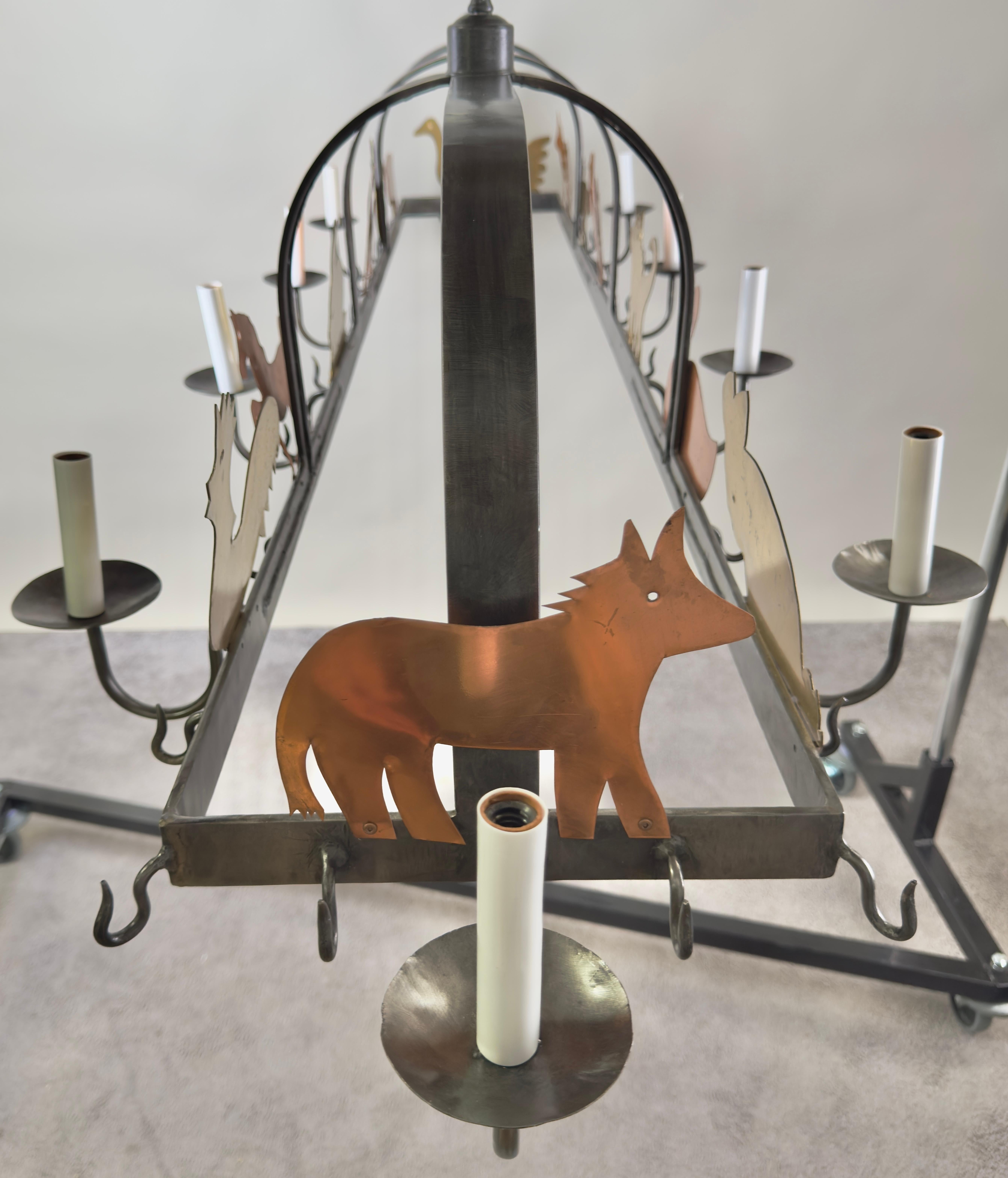 French Hanging Iron Pot & Pan, Farm Animal Figures Chandelier, Pendant, 10 bulbs For Sale 6