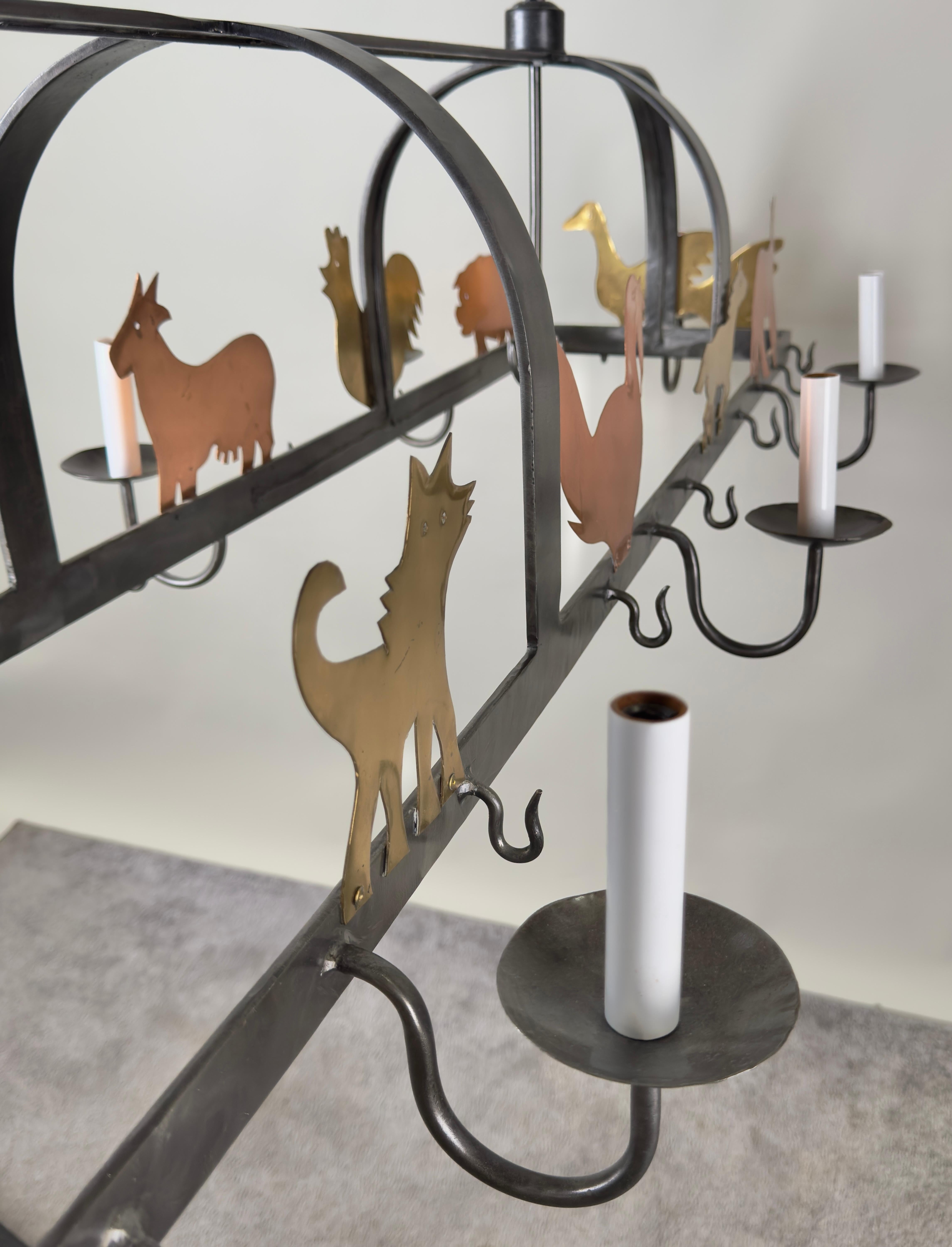 French Hanging Iron Pot & Pan, Farm Animal Figures Chandelier, Pendant, 10 bulbs For Sale 7