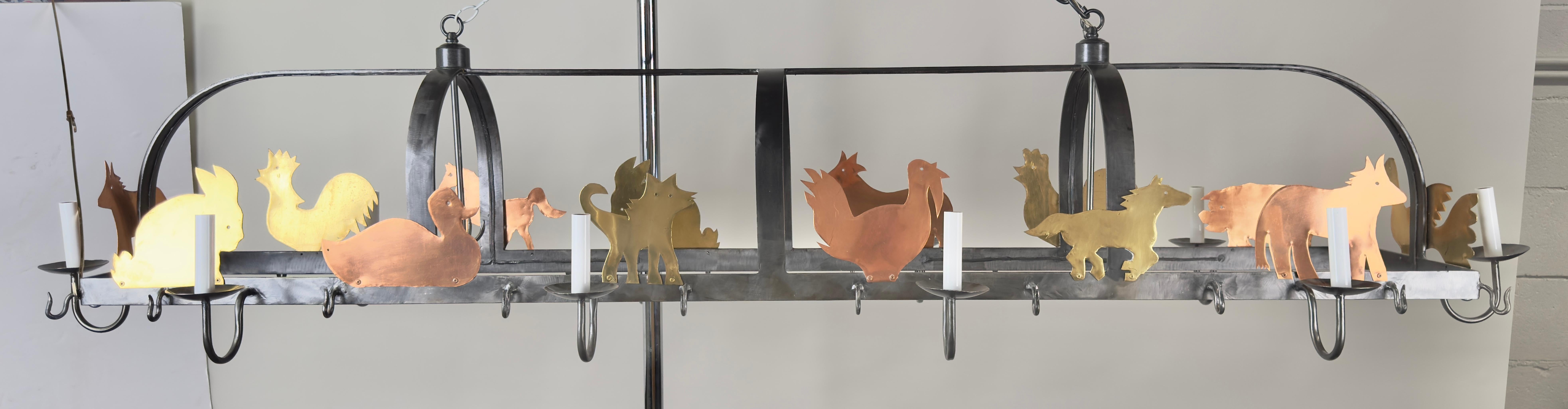 French Hanging Iron Pot & Pan, Farm Animal Figures Chandelier, Pendant, 10 bulbs For Sale 8