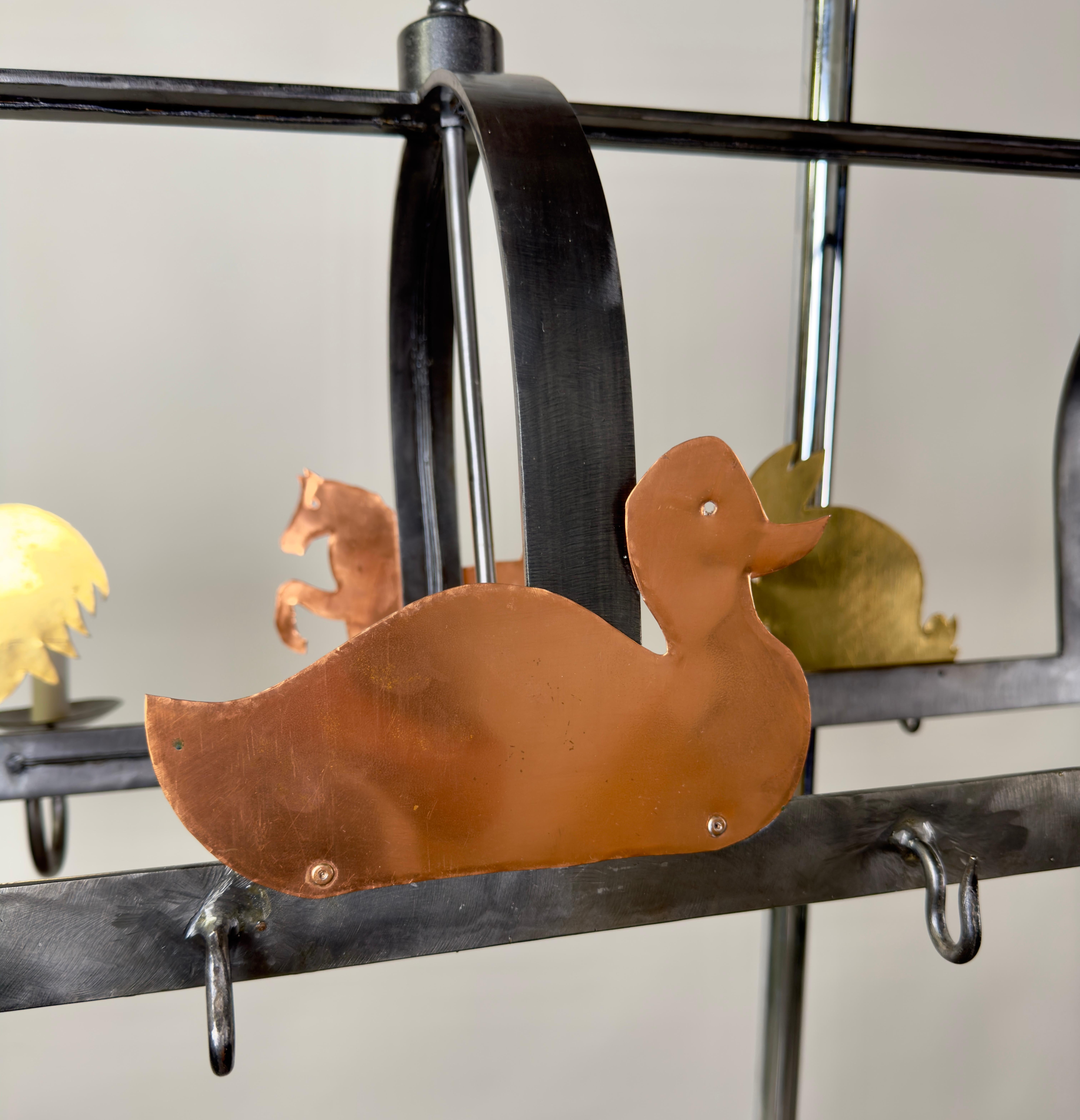 French Hanging Iron Pot & Pan, Farm Animal Figures Chandelier, Pendant, 10 bulbs For Sale 9