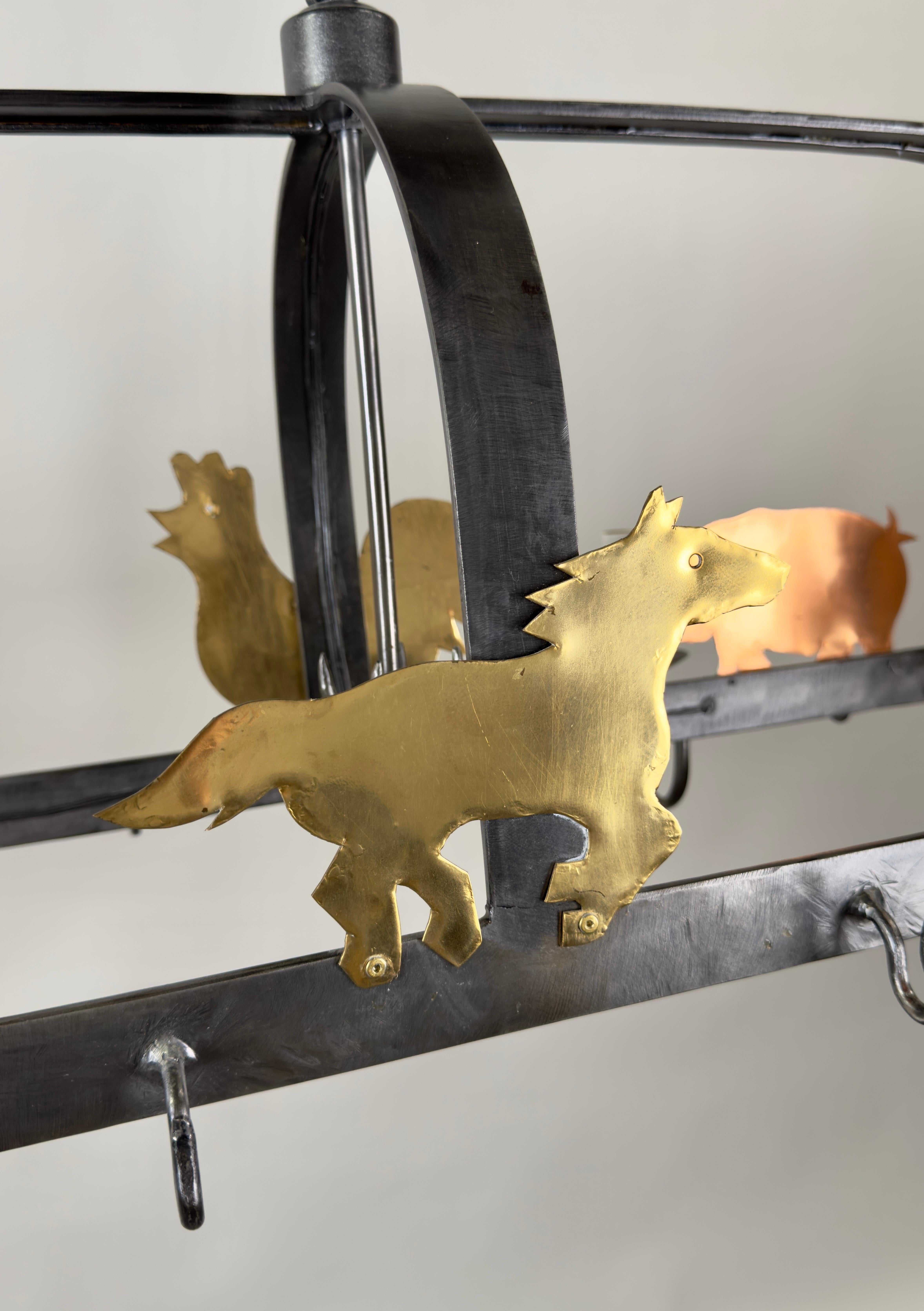 French Hanging Iron Pot & Pan, Farm Animal Figures Chandelier, Pendant, 10 bulbs For Sale 10