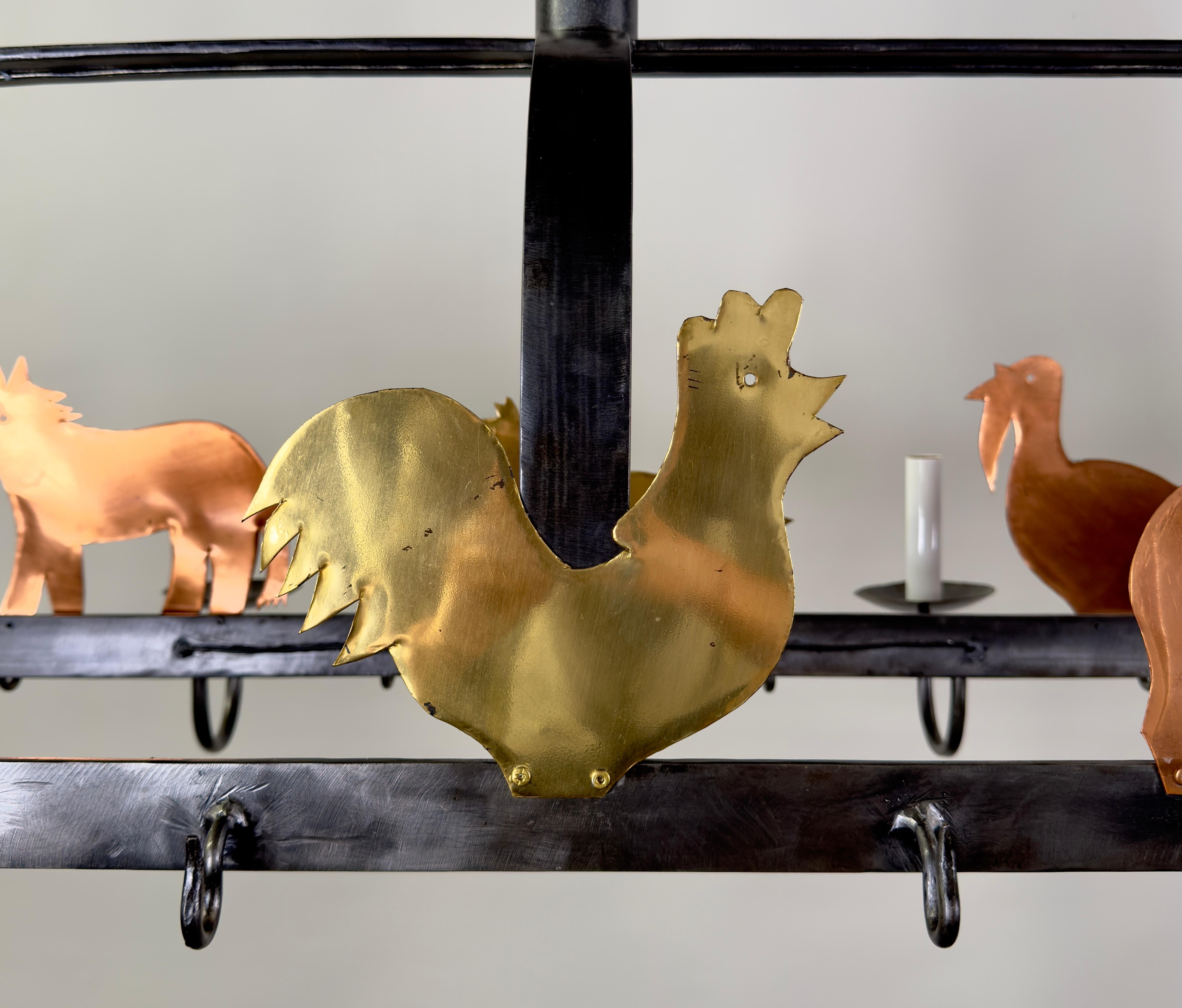 French Provincial French Hanging Iron Pot & Pan, Farm Animal Figures Chandelier, Pendant, 10 bulbs For Sale