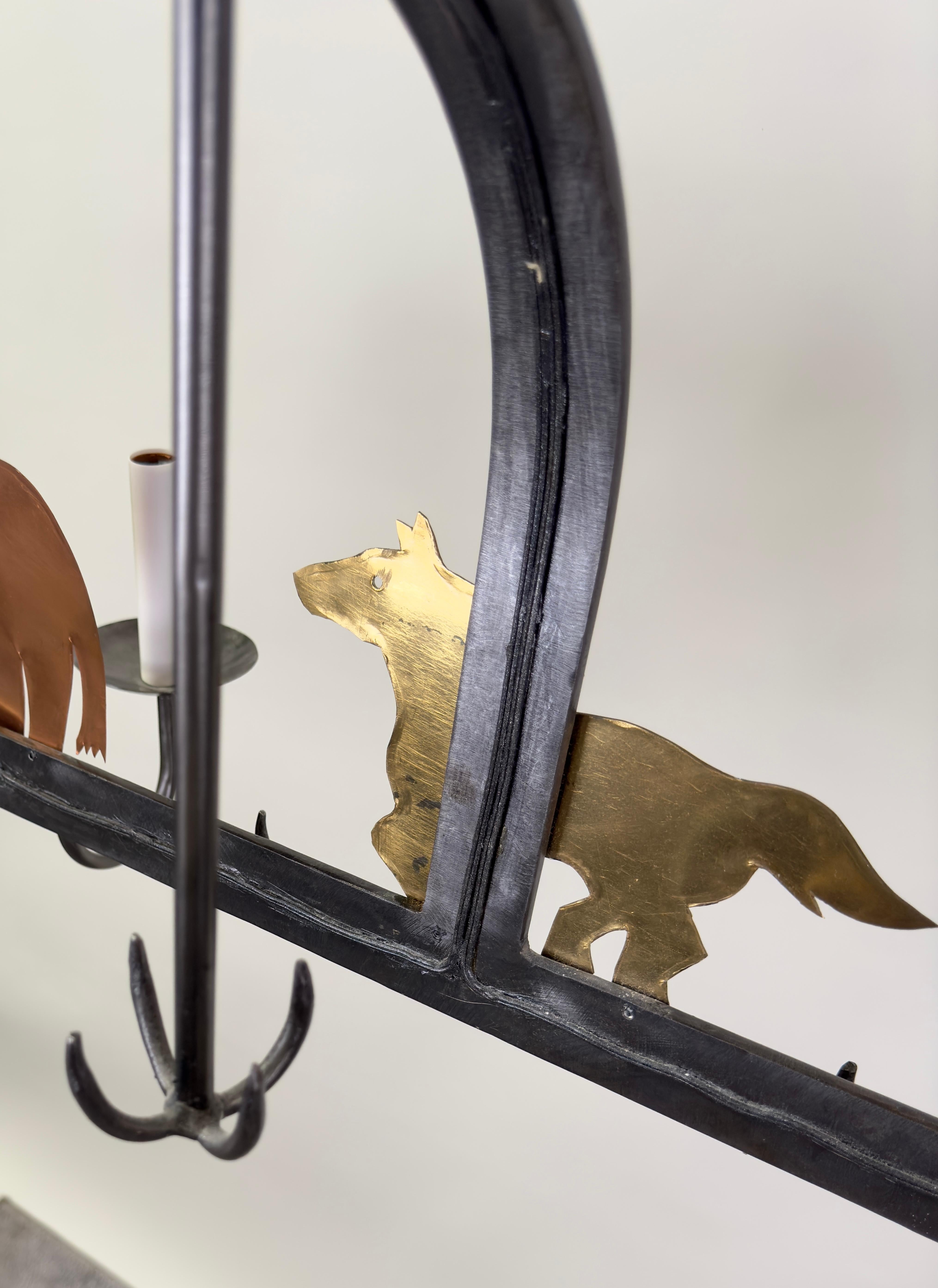 European French Hanging Iron Pot & Pan, Farm Animal Figures Chandelier, Pendant, 10 bulbs For Sale