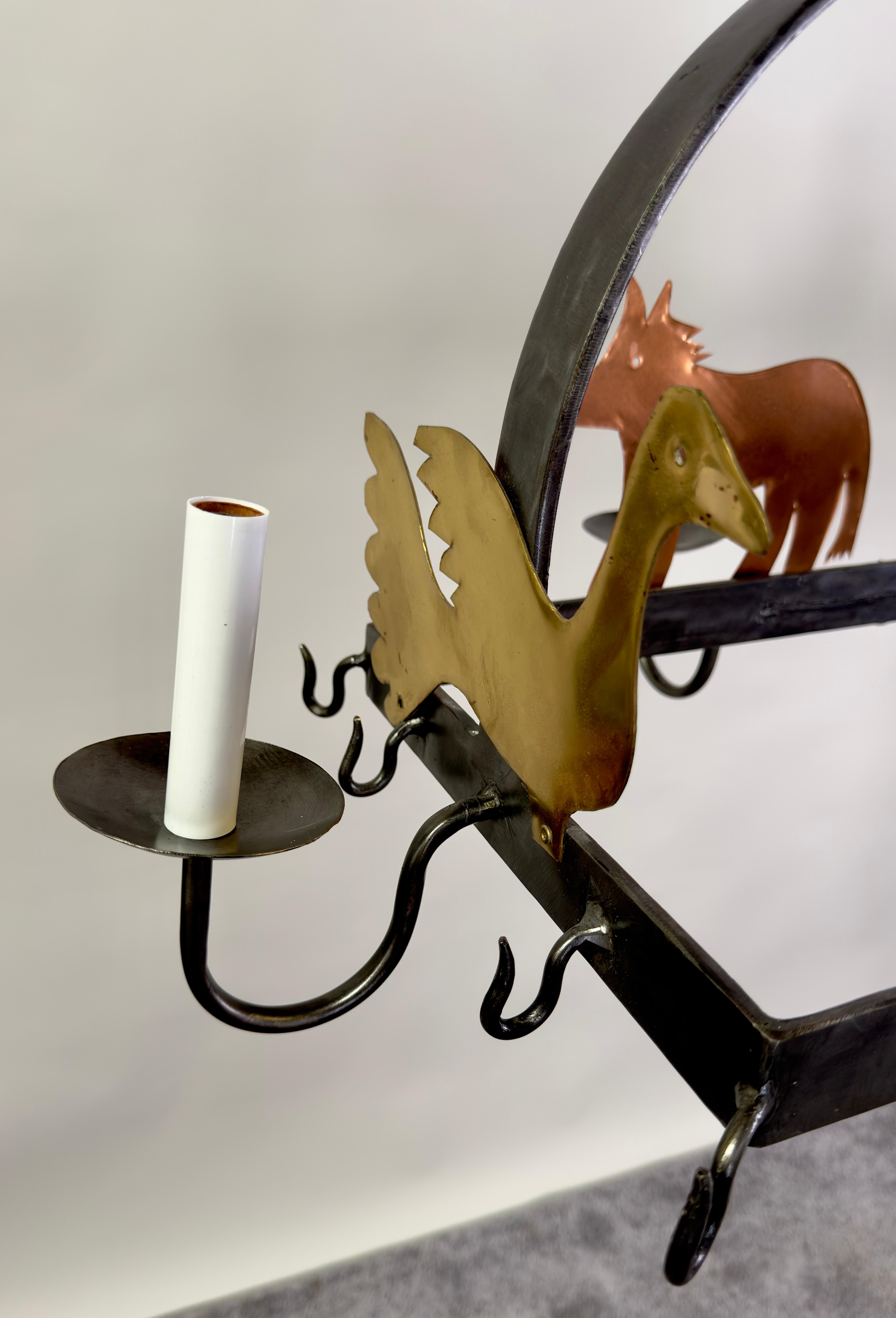French Hanging Iron Pot & Pan, Farm Animal Figures Chandelier, Pendant, 10 bulbs In Good Condition For Sale In Plainview, NY