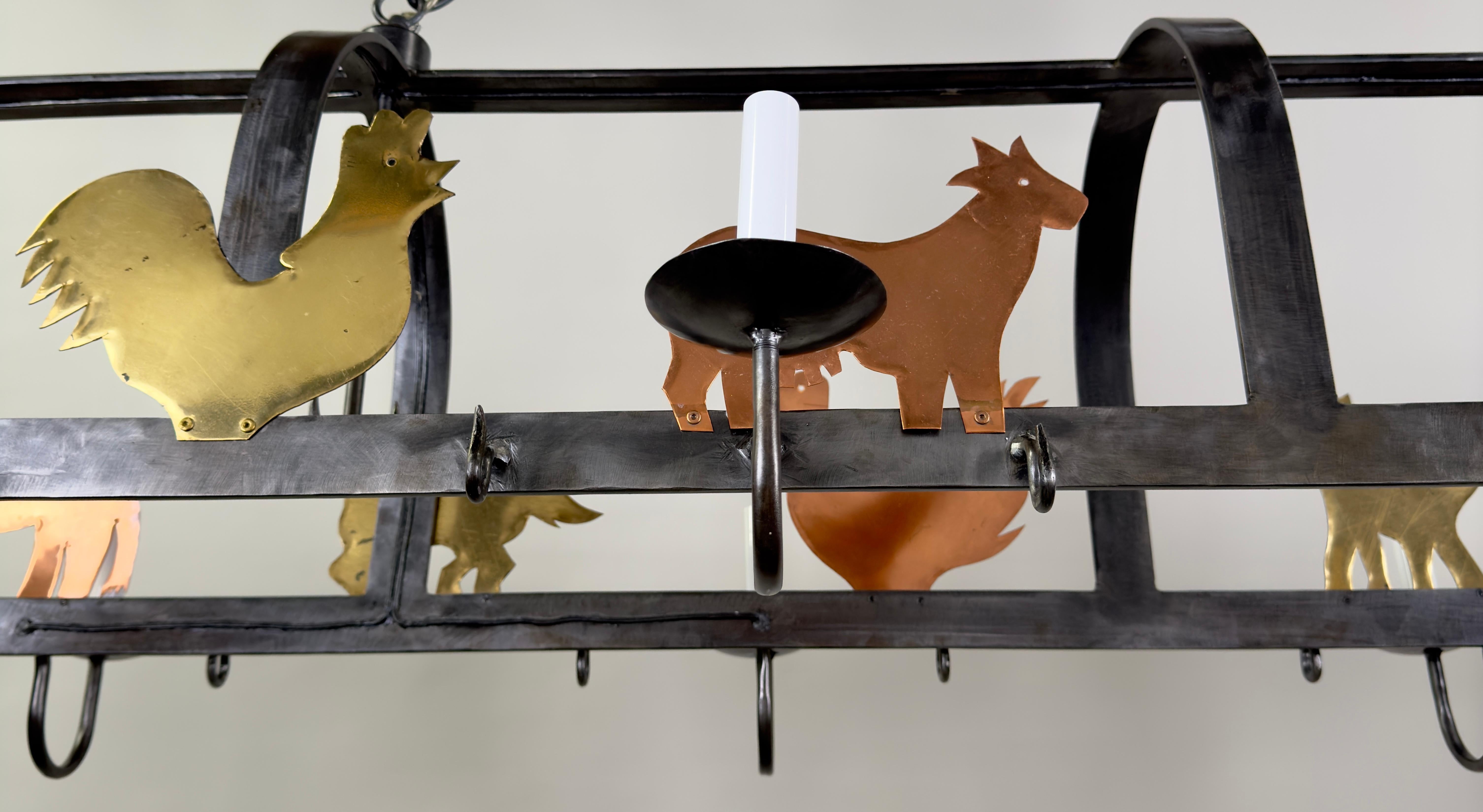 20th Century French Hanging Iron Pot & Pan, Farm Animal Figures Chandelier, Pendant, 10 bulbs For Sale
