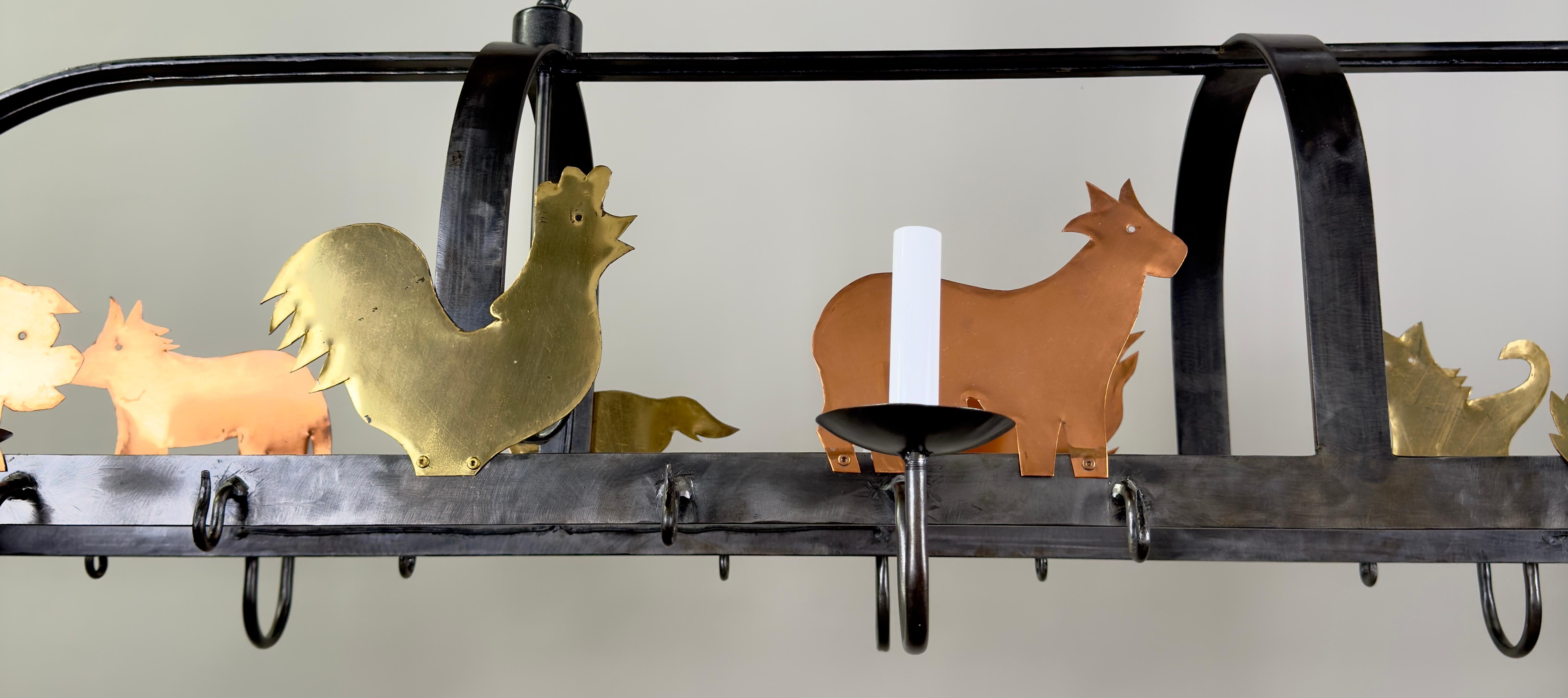 Brass French Hanging Iron Pot & Pan, Farm Animal Figures Chandelier, Pendant, 10 bulbs For Sale