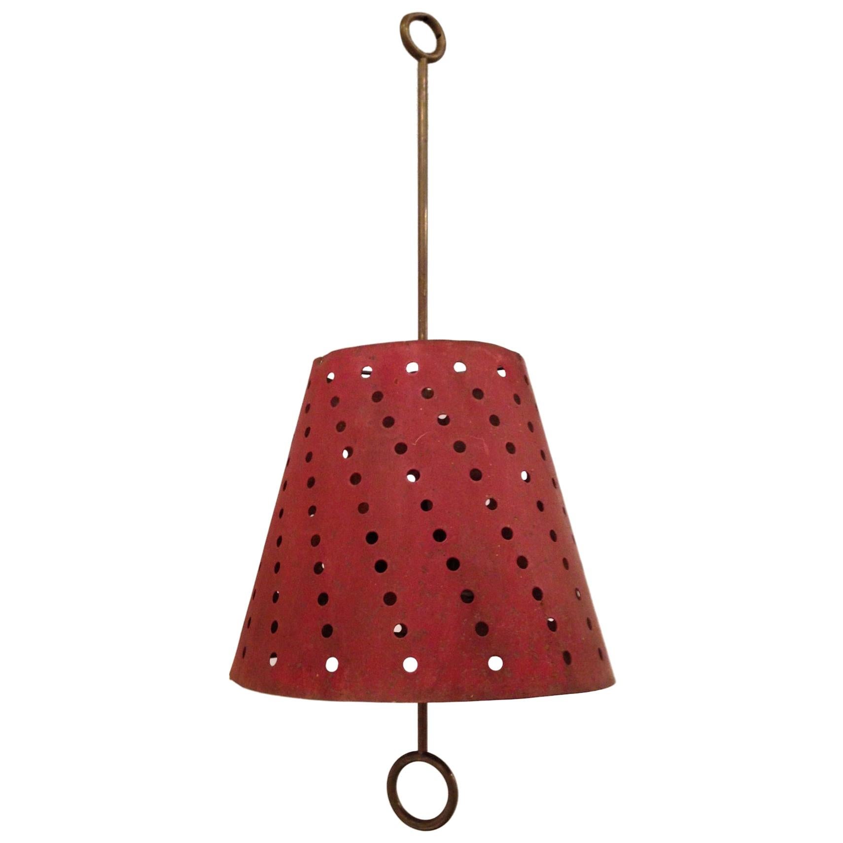 French Hanging Lamp with Perforated Red Shade, 1950s