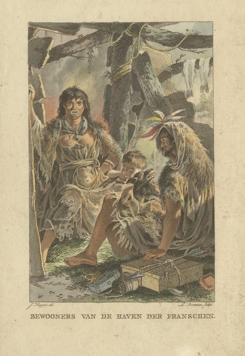French Harbor Indigenous Family, Antique Ethnographic Print, Pacific Coast, 1805