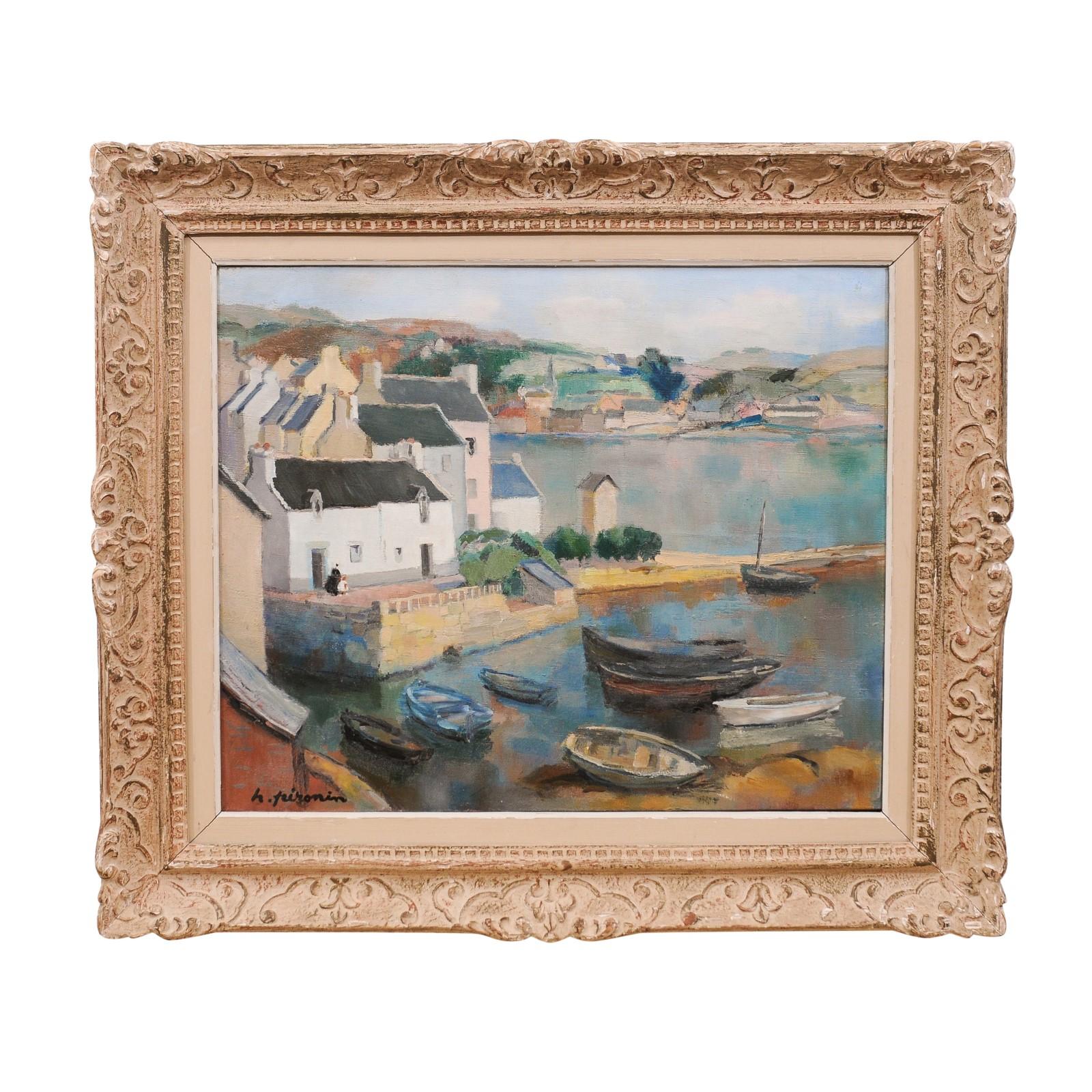 A French framed harbor painting by Hortense Pironin from the mid 20th century, titled 'Le petit port à Poul'David'. Created in France during the third quarter of the 20th century, this horizontal painting depicts the small harbor of Pouldavid in