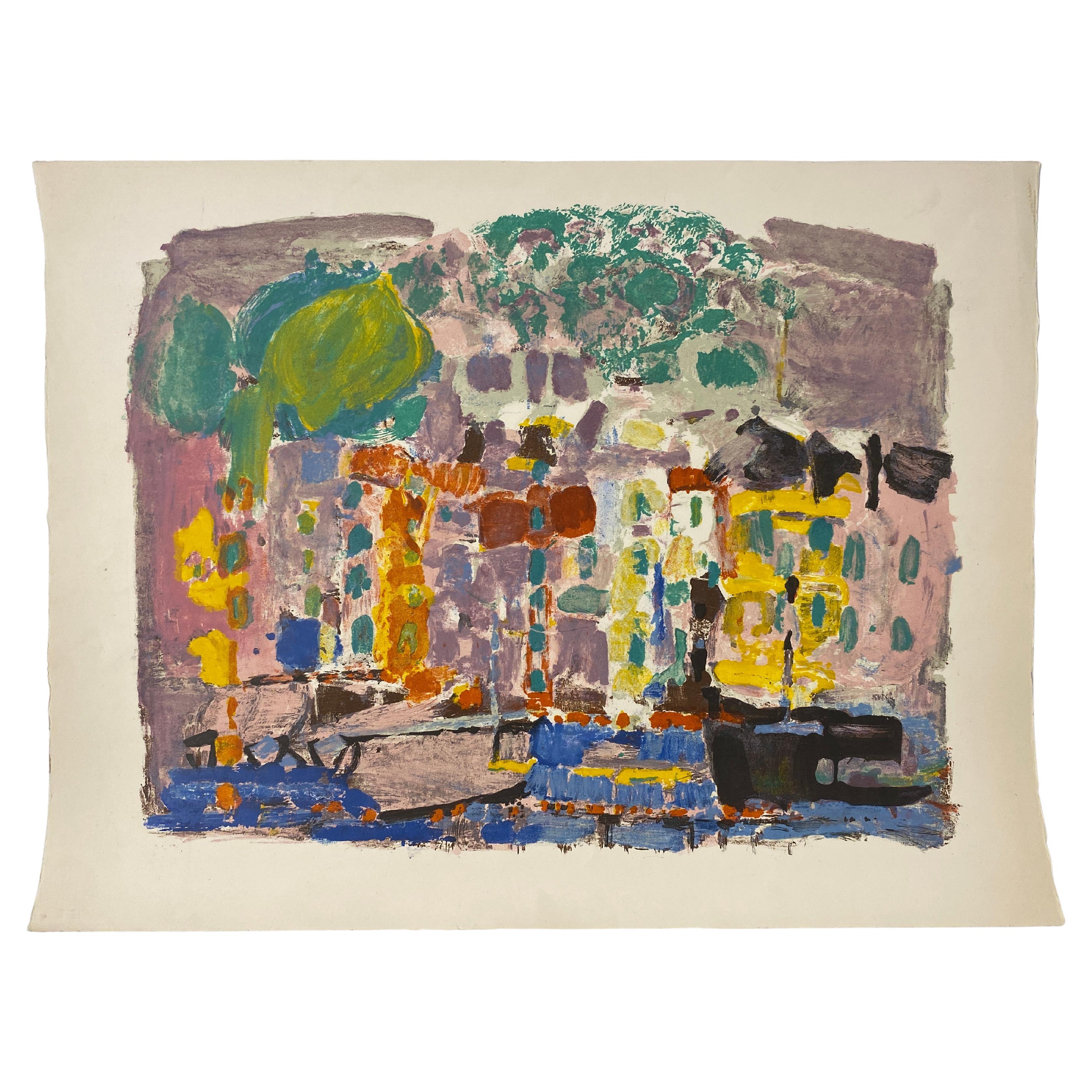 Scène portuaire française Lithographie en couleurs de Jacques Yankel en vente