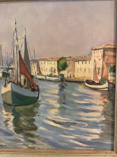 French Harbor Scene Oil Painting, Mid Century, Early 20th Century