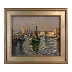 French Harbor Scene Oil Painting, Mid Century, Early 20th Century