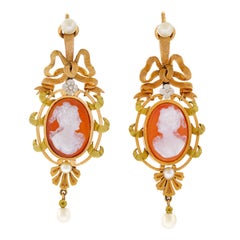French Hardstone Cameo and Pearl Set Gold Earrings
