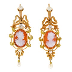 French Hardstone Cameo and Pearl Set Gold Earrings