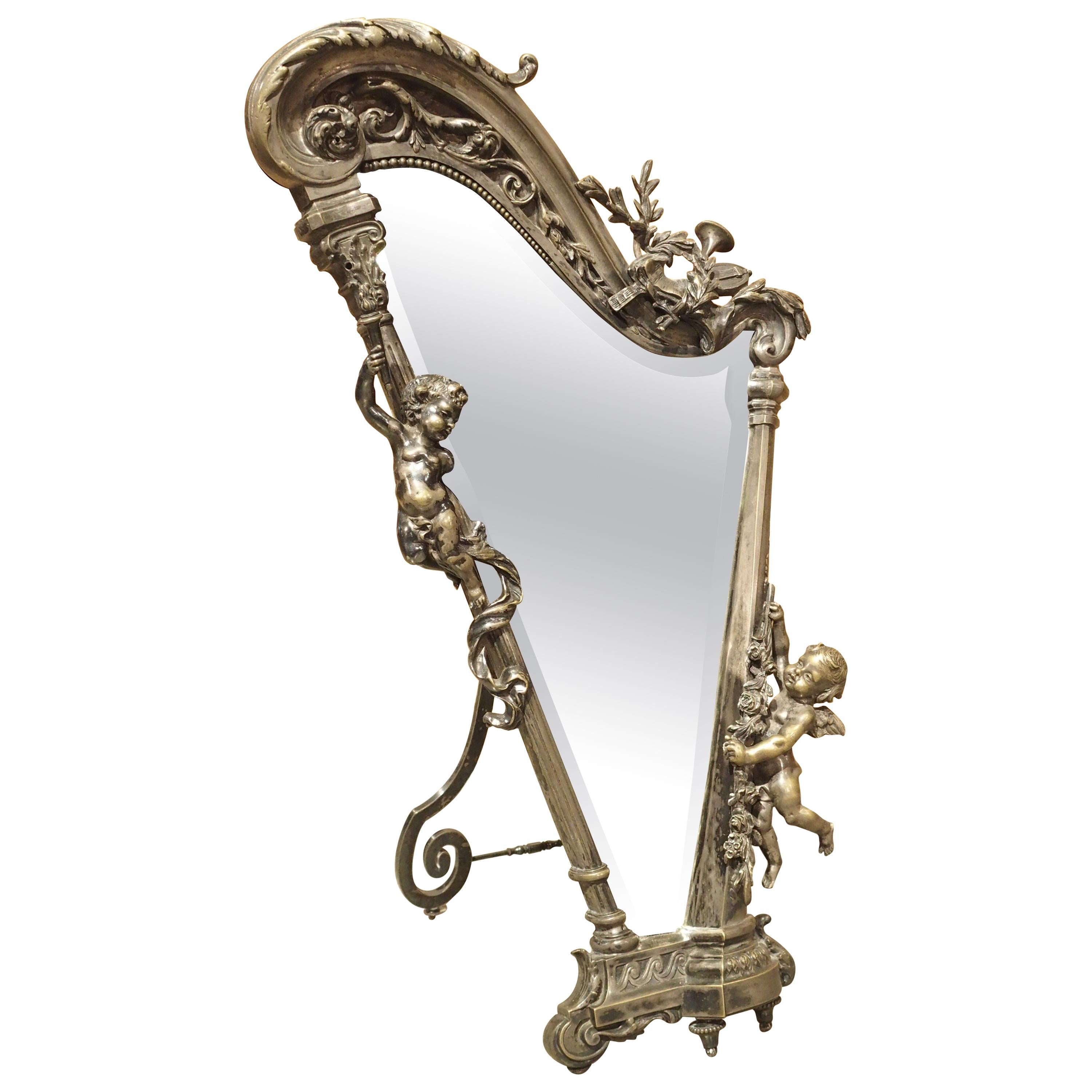 French Harp Form Table Mirror in Silvered Bronze, circa 1890