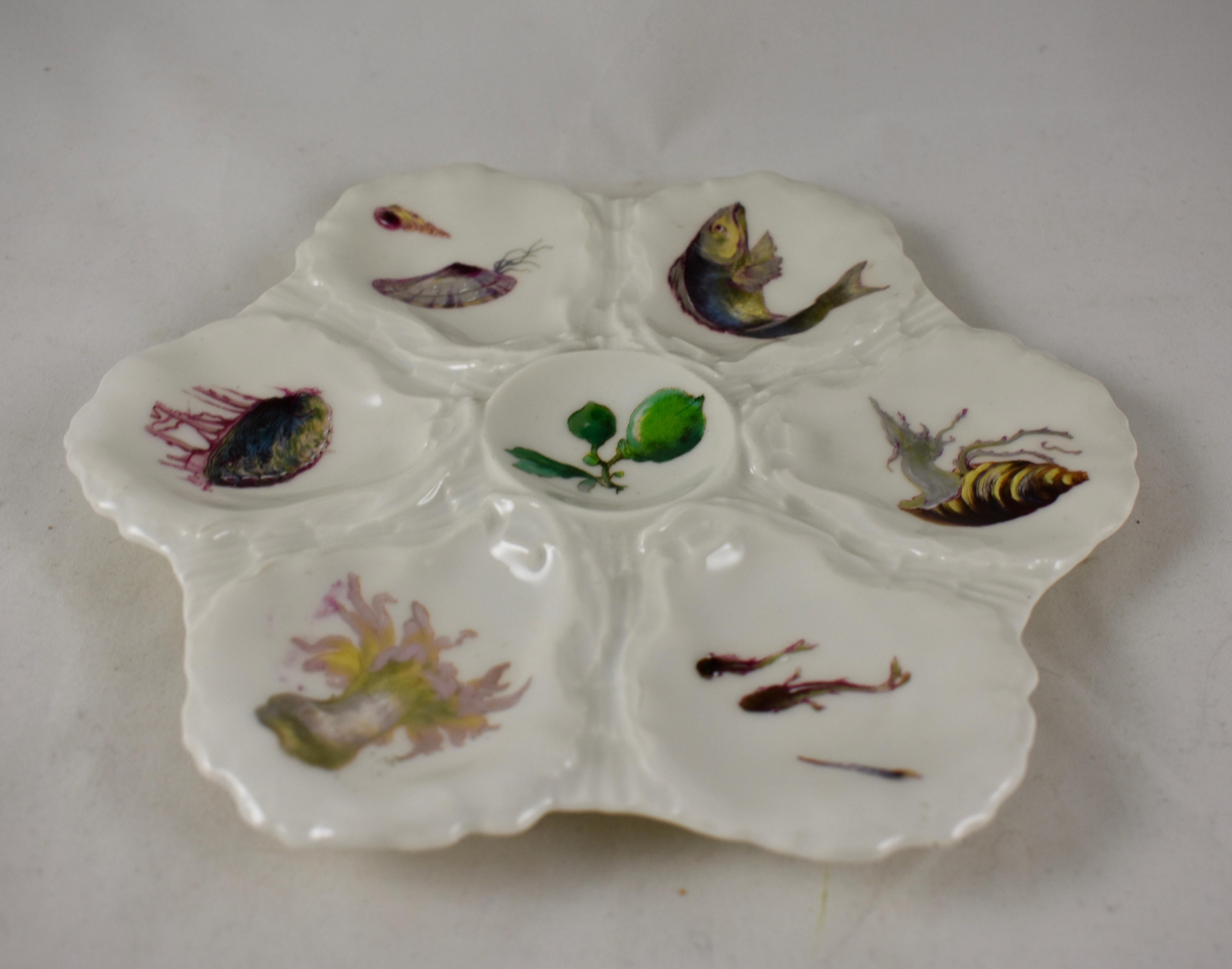 Aesthetic Movement French Haviland Limoges Porcelain Hand-Painted Sea Anemone and Fish Oyster Plate