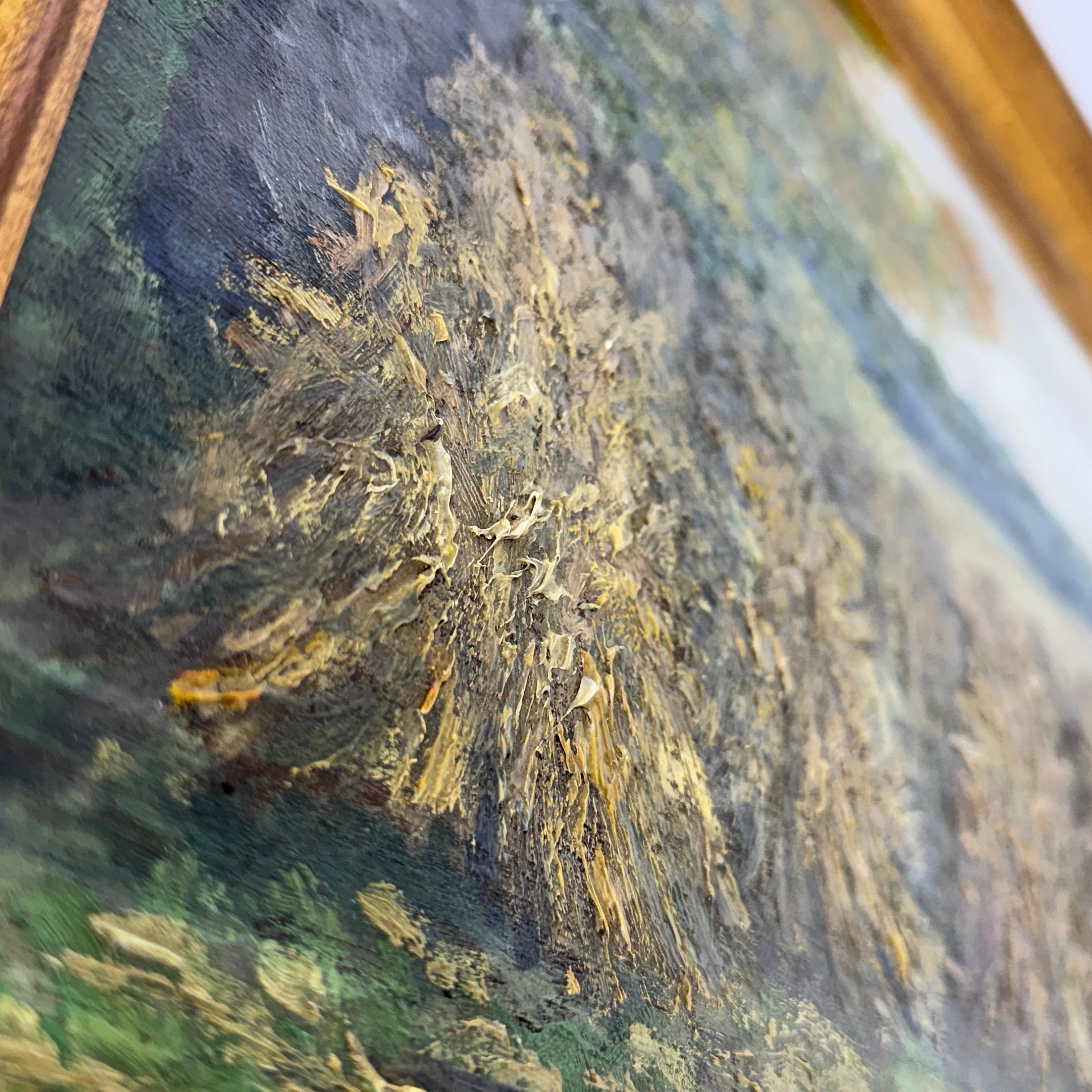 Peinture à l'huile française d'un paysage de champ de Haystack encadrée, début du 20e siècle en vente 2