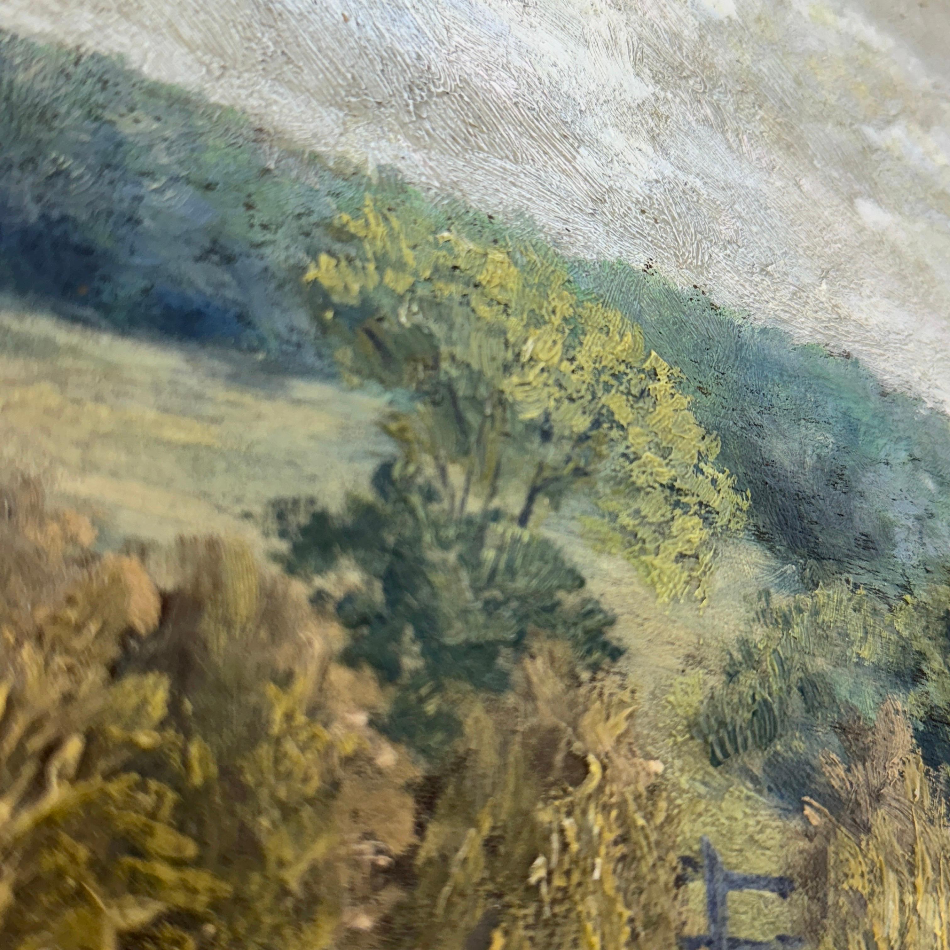 Peinture à l'huile française d'un paysage de champ de Haystack encadrée, début du 20e siècle en vente 4