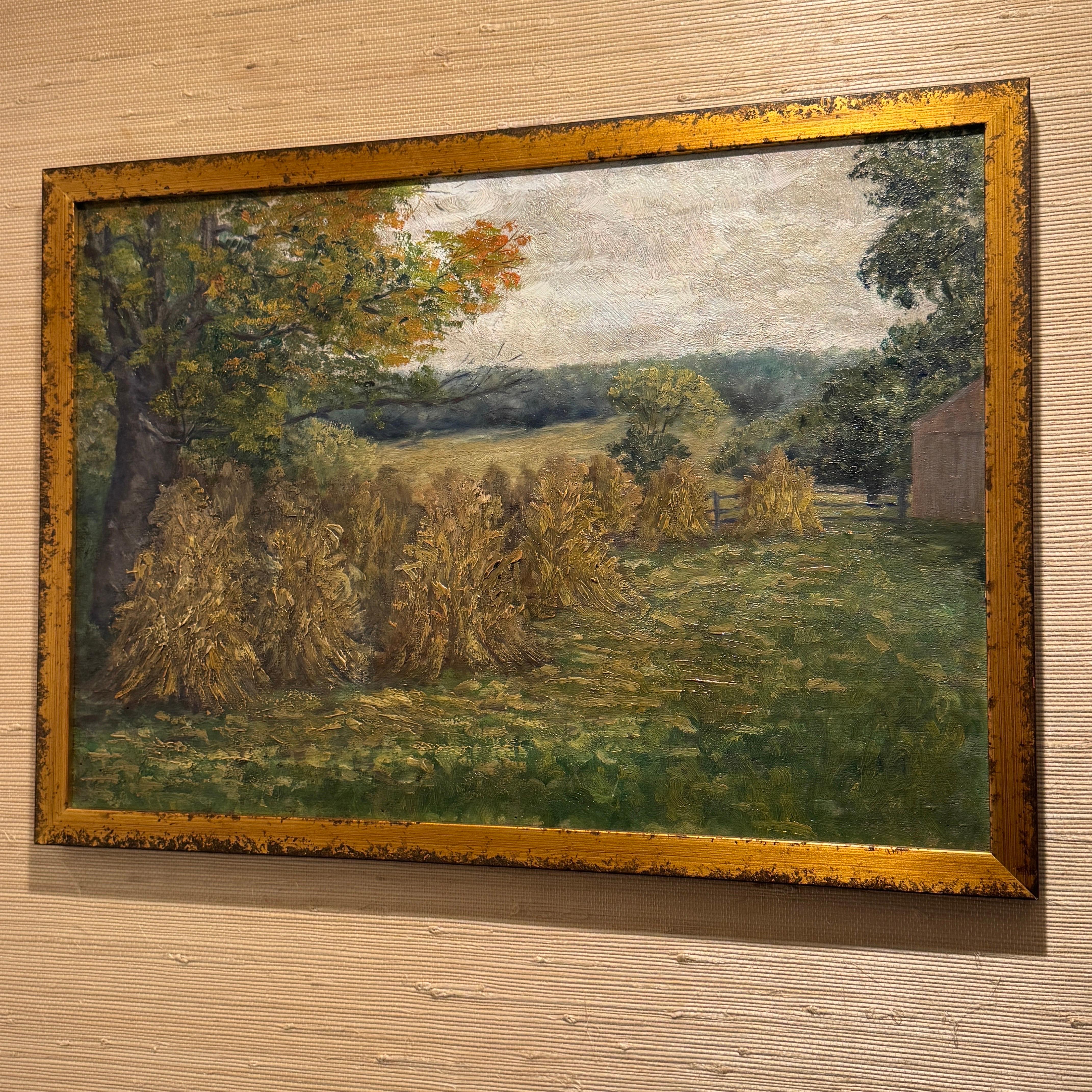 French Haystack Field Landscape Oil Painting Framed, Early 20th Century For Sale 6
