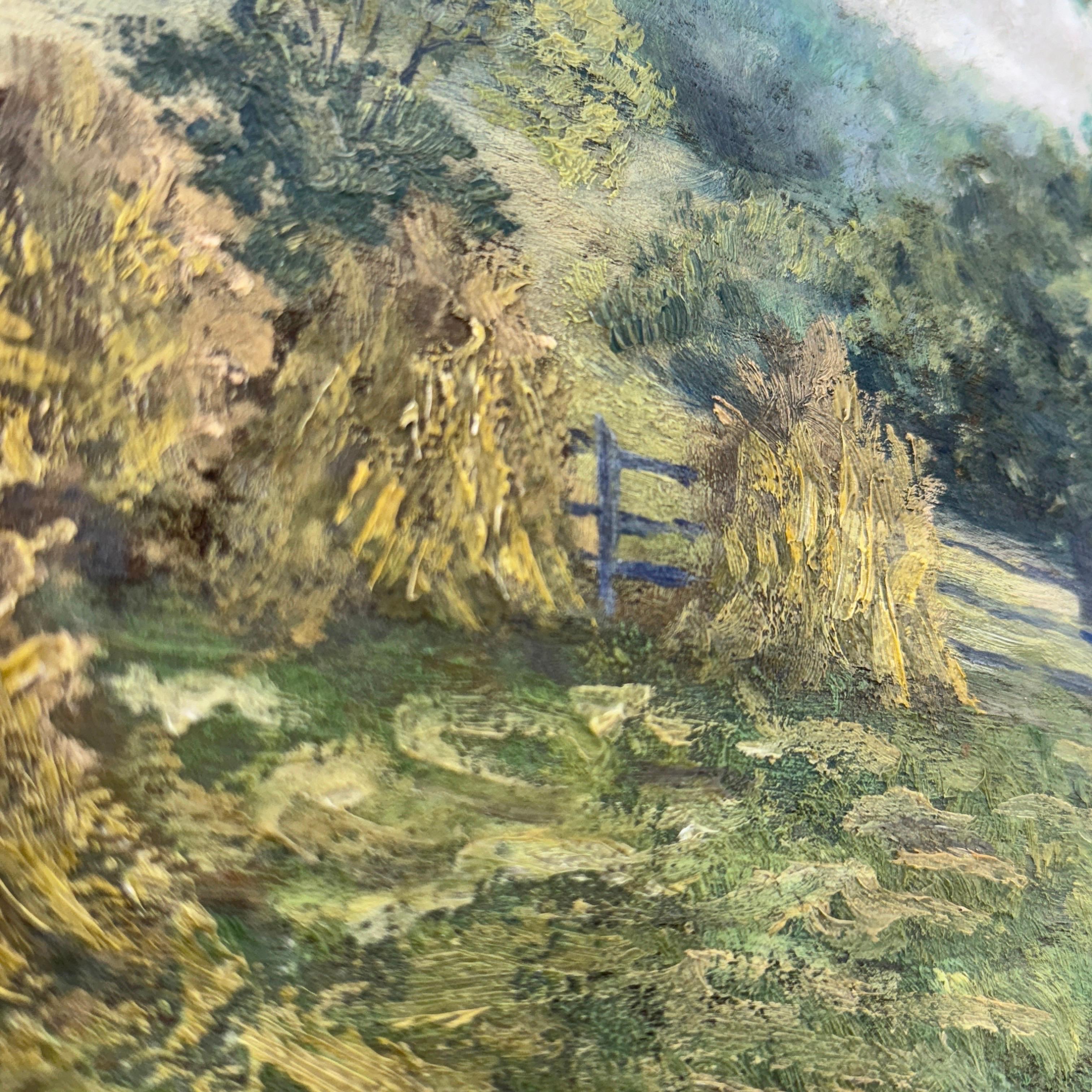 Peinture à l'huile française d'un paysage de champ de Haystack encadrée, début du 20e siècle en vente 5