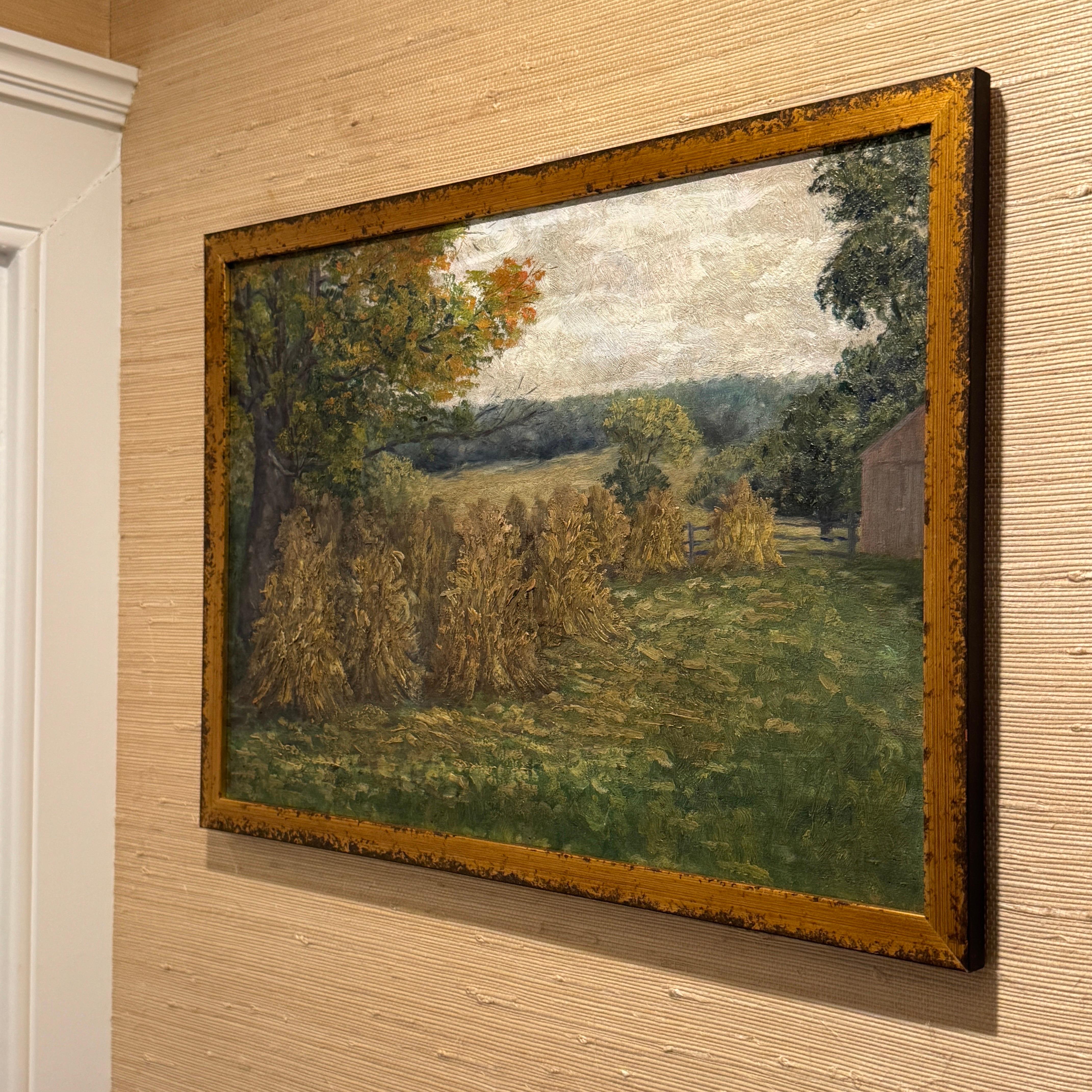 French Haystack Field Landscape Oil Painting Framed, Early 20th Century For Sale 7