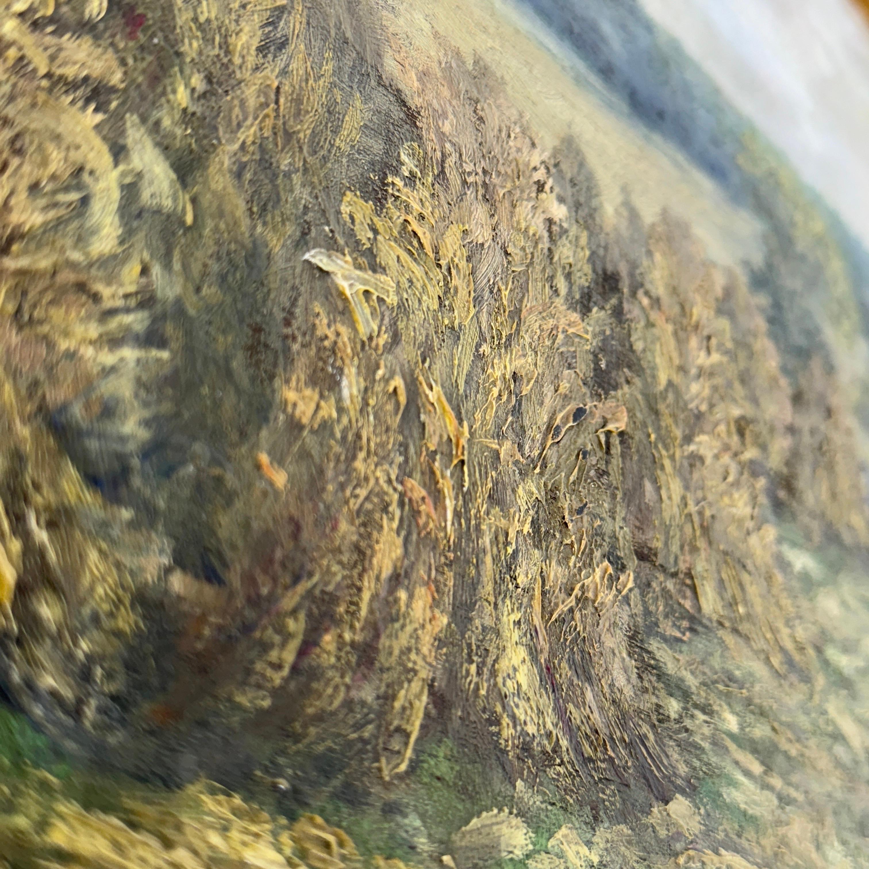 French Haystack Field Landscape Oil Painting Framed, Early 20th Century For Sale 9