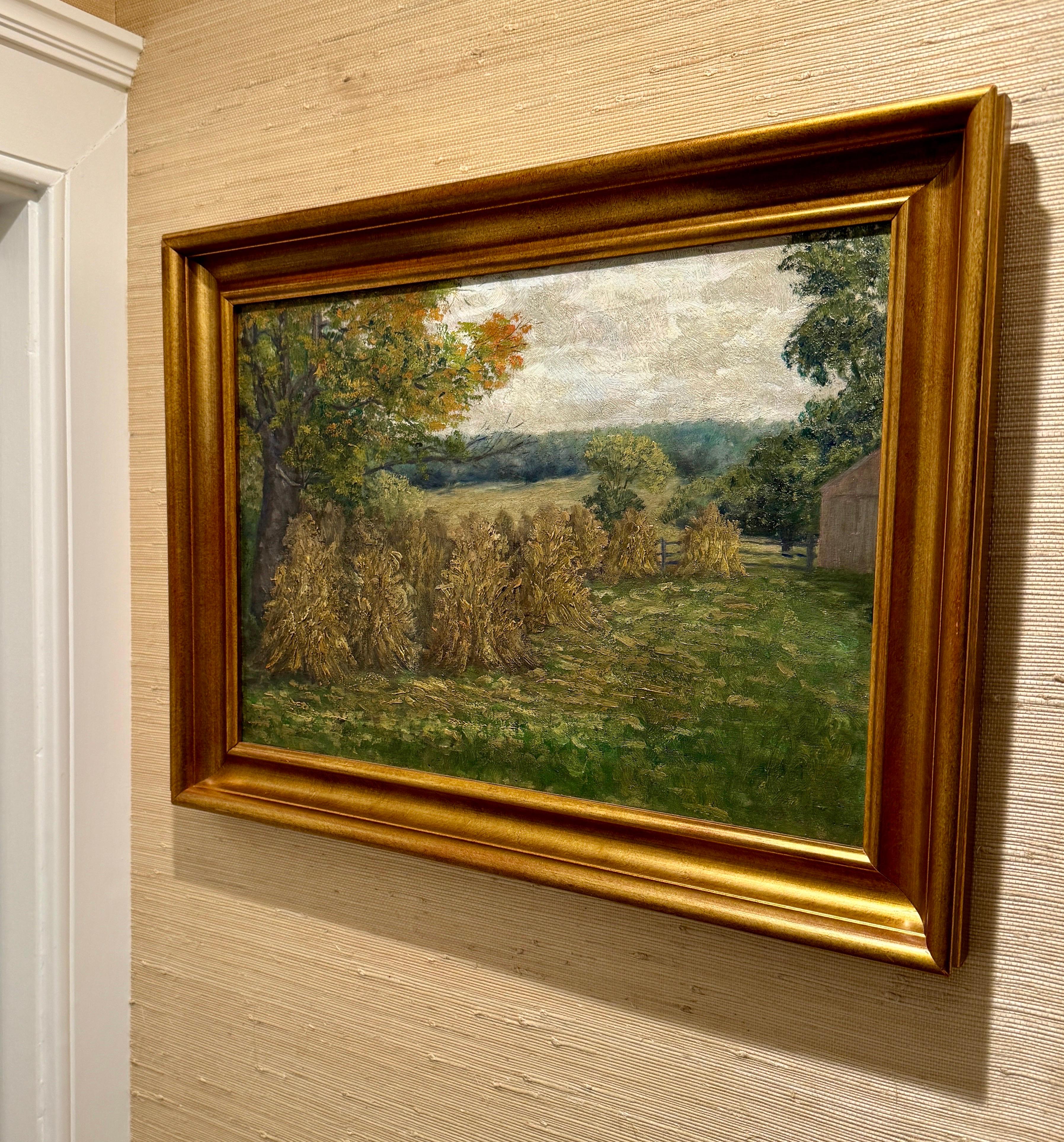 French Haystack Field Landscape Oil Painting Framed, Early 20th Century For Sale 10